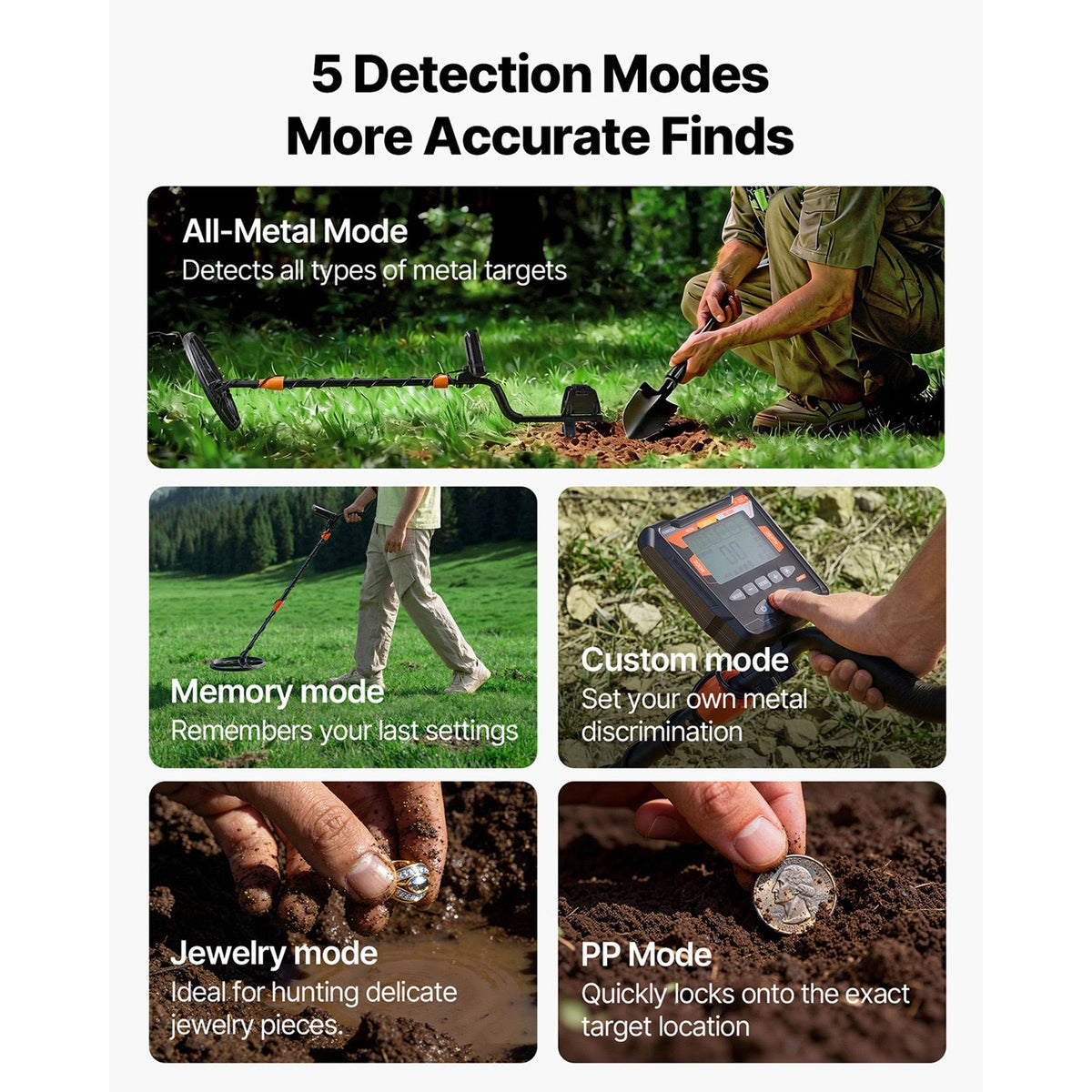 Metal Detector for Adults, 254 mm, Professional High Accuracy Gold Detector, IP68 Waterproof Search Coil with Display, Headphones, 5 Modes, Adjustable Length, for Detecting Gold Treasure Hunting