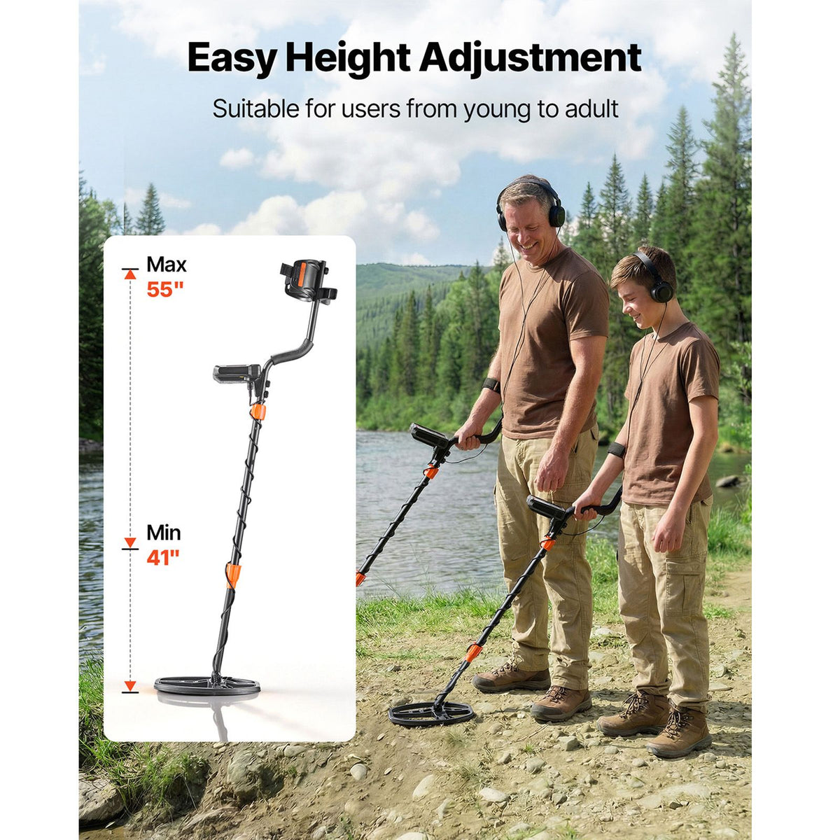 Metal Detector for Adults, 254 mm, Professional High Accuracy Gold Detector, IP68 Waterproof Search Coil with Display, Headphones, 5 Modes, Adjustable Length, for Detecting Gold Treasure Hunting