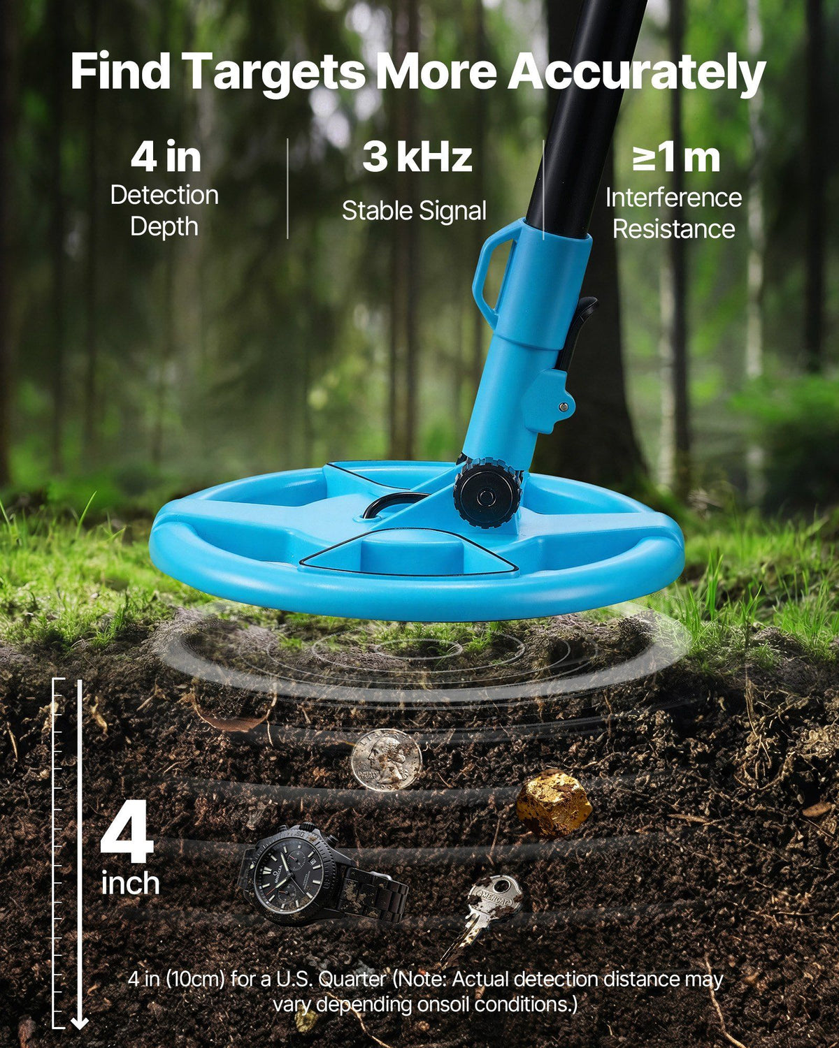 Metal Detector, 101.6 mm, Lightweight Metal Detector with LCD Display, 152.4 mm IP68 Waterproof Search Coil, Adjustable 650-930 mm Gold Detector, Easy to Use, for Detecting Gold Exploration