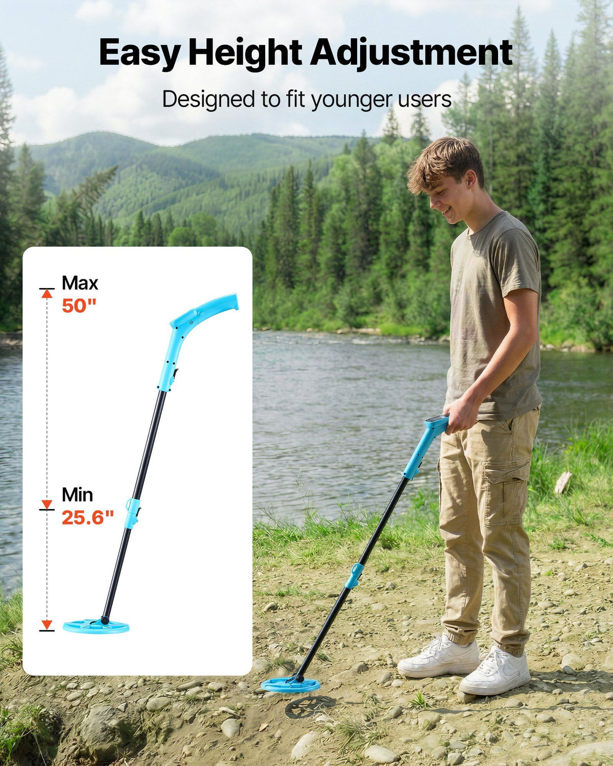 Metal Detector, 101.6 mm, Lightweight Metal Detector with LCD Display, 152.4 mm IP68 Waterproof Search Coil, Adjustable 650-930 mm Gold Detector, Easy to Use, for Detecting Gold Exploration