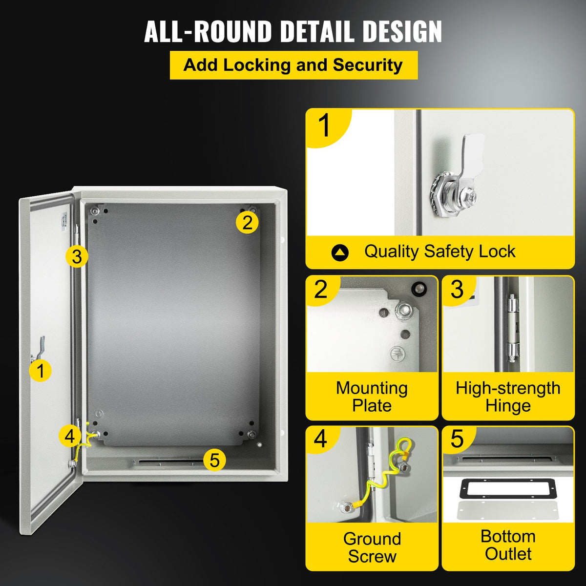 Steel Electrical Box 16'' x 12'' x 8'' Electrical Enclosure Box, Carbon Steel Hinged Junction Box, IP65 Weatherproof Metal Box Wall-Mounted Electronic Equipment Enclosure Box with Mounting Plate