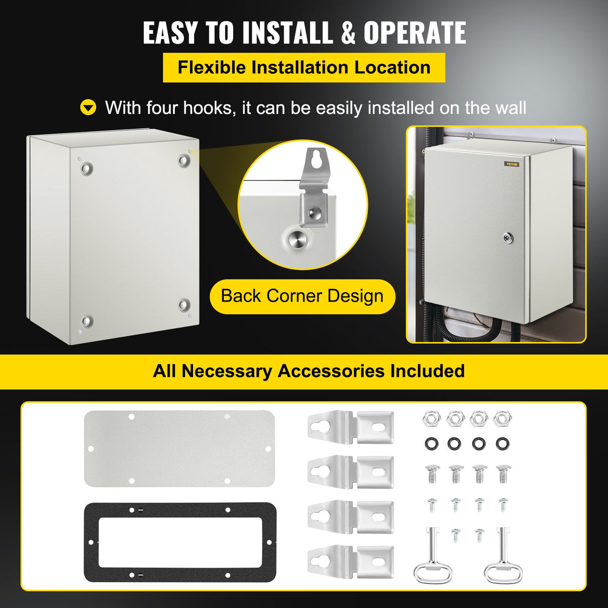 Steel Electrical Box 16'' x 12'' x 8'' Electrical Enclosure Box, Carbon Steel Hinged Junction Box, IP65 Weatherproof Metal Box Wall-Mounted Electronic Equipment Enclosure Box with Mounting Plate