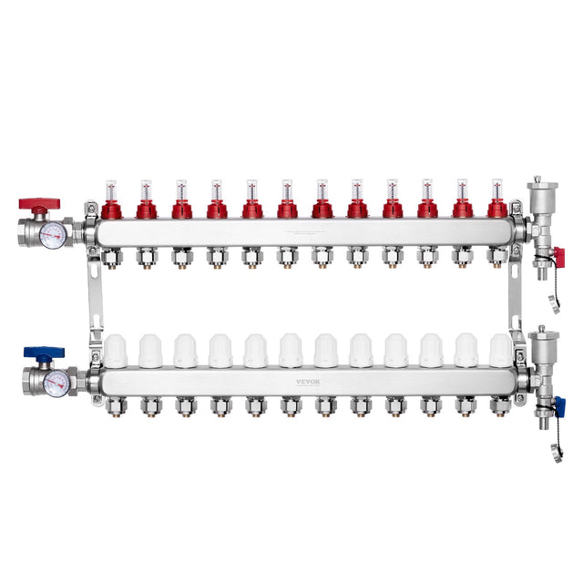 12-Branch 1/2in PEX Stainless Radiant Heat Manifold