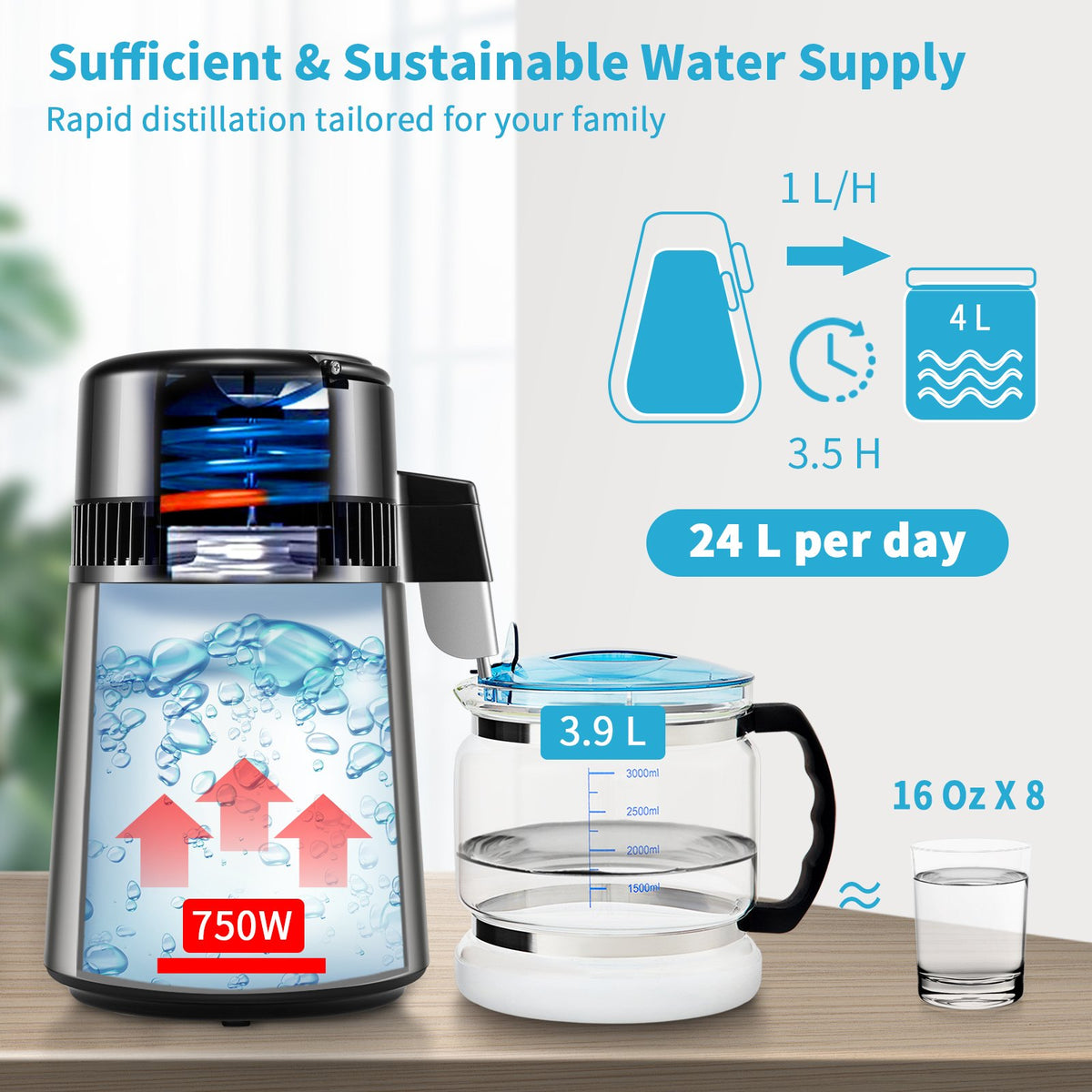 4L Water Distiller Distilled Water Maker 1 L/H w/ Timing Dual-Temp Silver