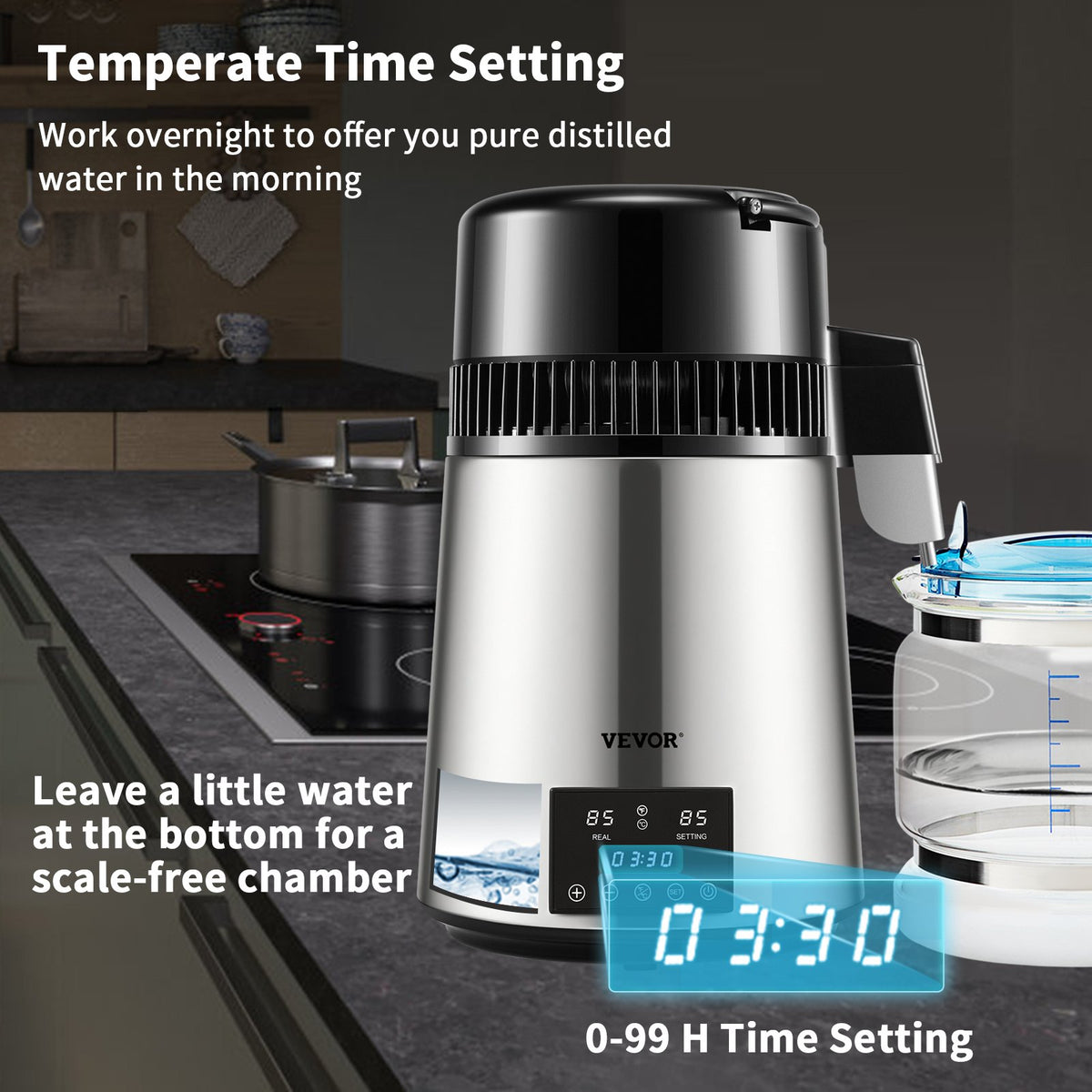 4L Water Distiller Distilled Water Maker 1 L/H w/ Timing Dual-Temp Silver