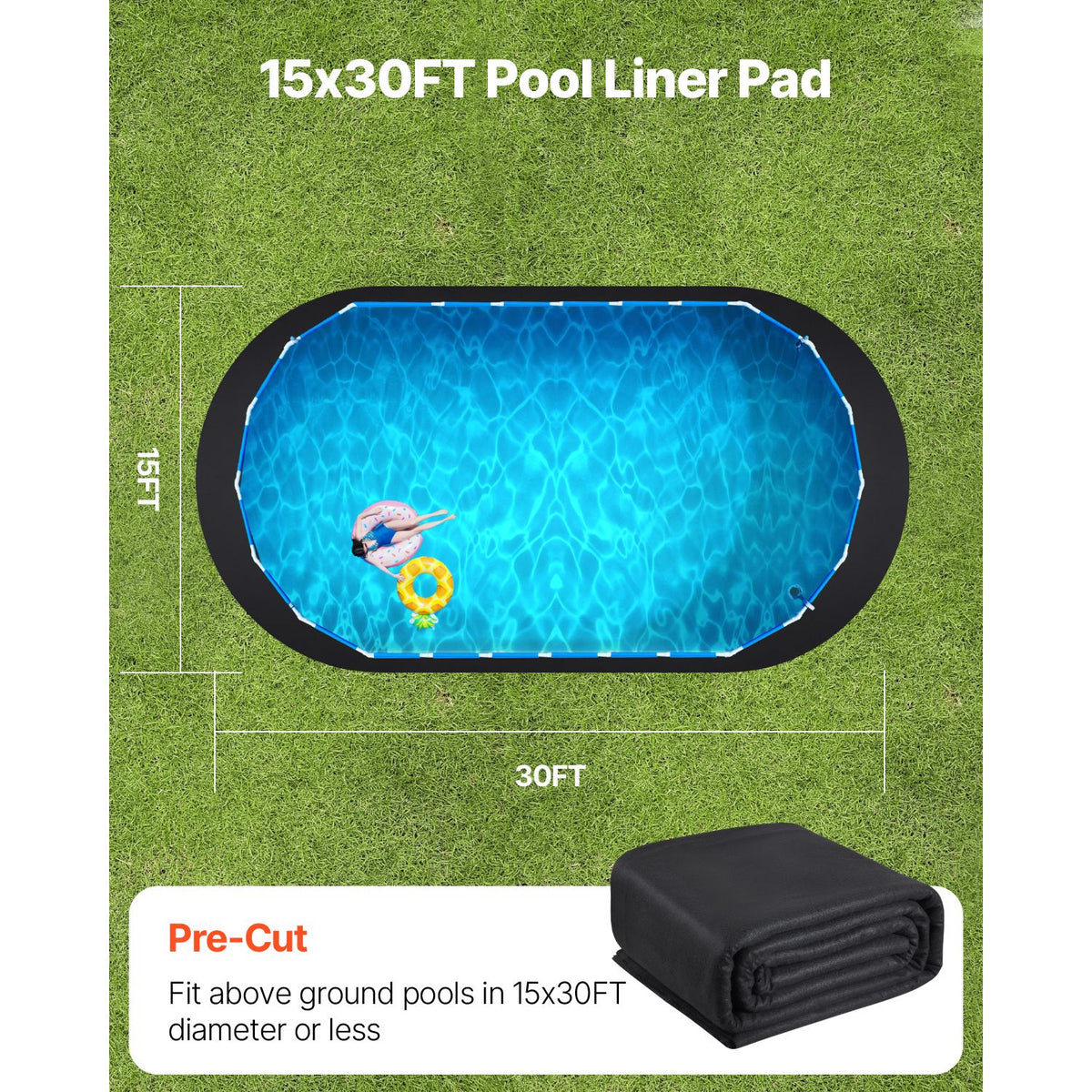 Oval Pool Liner Pad, 15 x 30 ft Pool Liner Pad for Above Ground Swimming Pools, Extra-Thick Pool Mat, Prevents Punctures, Recycled Geotextile Material Underlayment Pad, Extend Liner Life