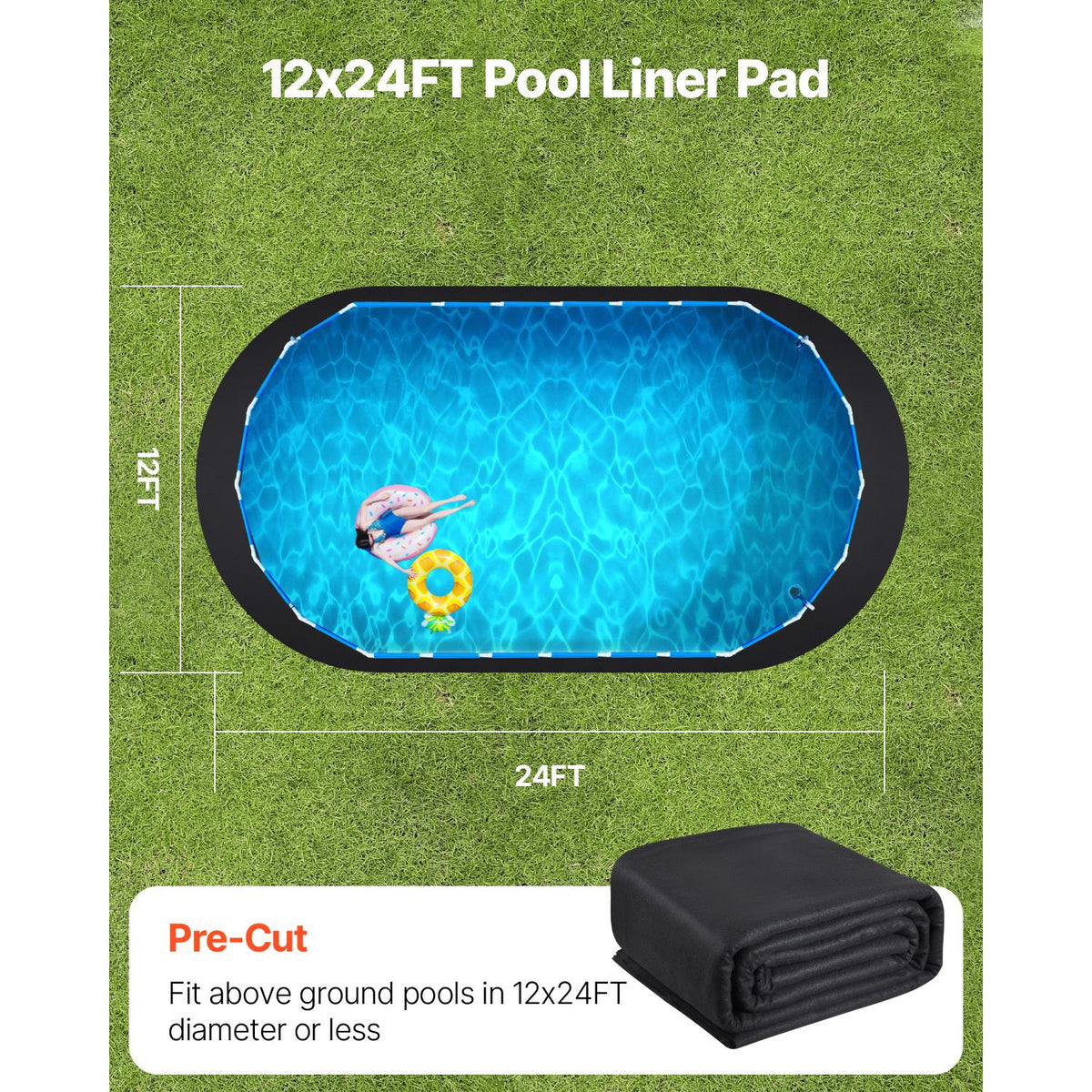 Oval Pool Liner Pad, 12 x 24 ft Pool Liner Pad for Above Ground Swimming Pools, Extra-Thick Pool Mat, Prevents Punctures, Recycled Geotextile Material Underlayment Pad, Extend Liner Life