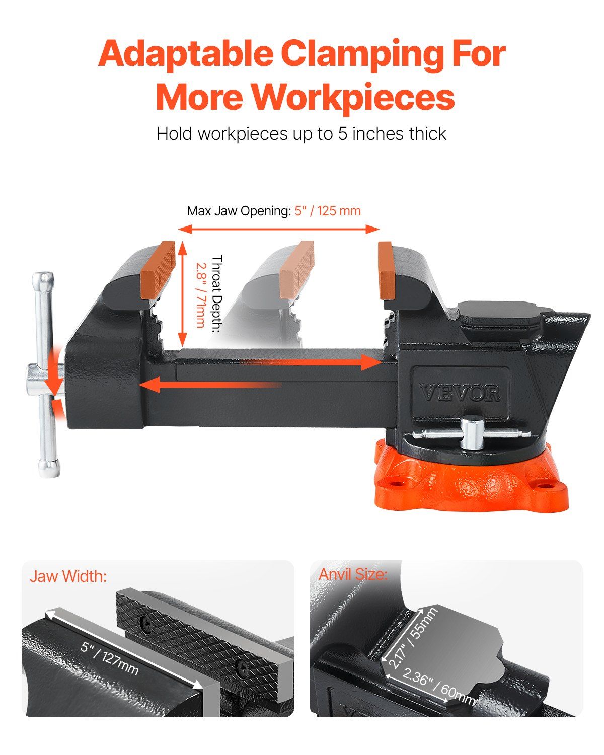 Bench Vise, 127 mm Jaw Width, 125 mm Max Jaw Opening Multipurpose Vise with 360° Swivel Locking Base, 71 mm Throat, Heavy Duty Ductile Iron Workbench Vise with Anvil, for Clamping Round Pipes