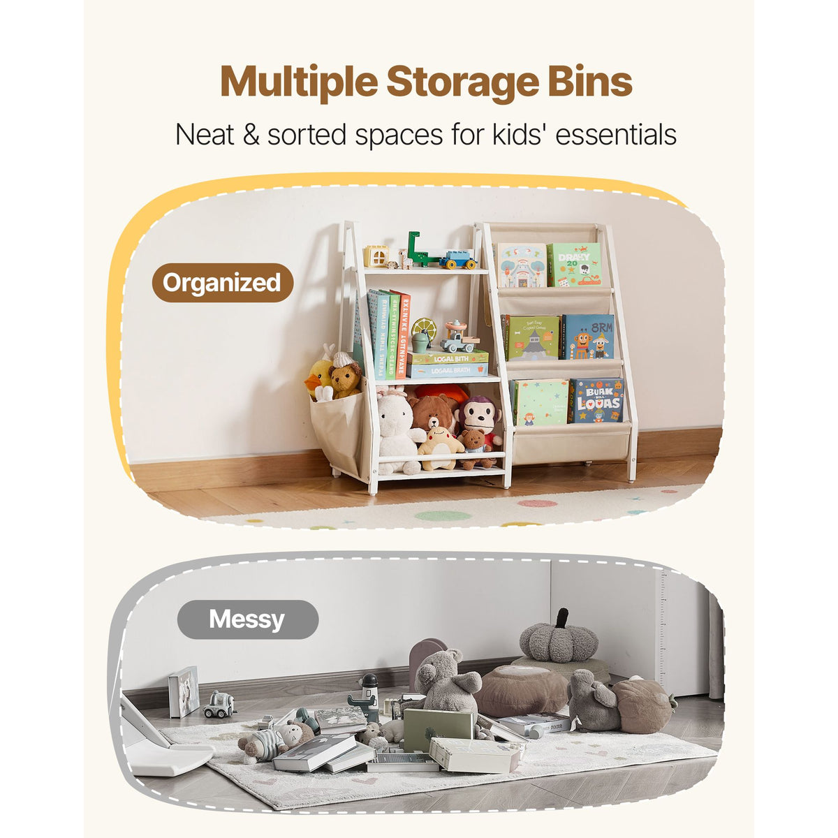 3-Tier Kids Bookshelf, Toy Storage Organizer for Toddler, Book Shelf for Kids Rooms with Sling Book Rack and Storage Bag, Kids Storage Book Shelves for Kids Room, Playroom, Kindergarten, Nursery