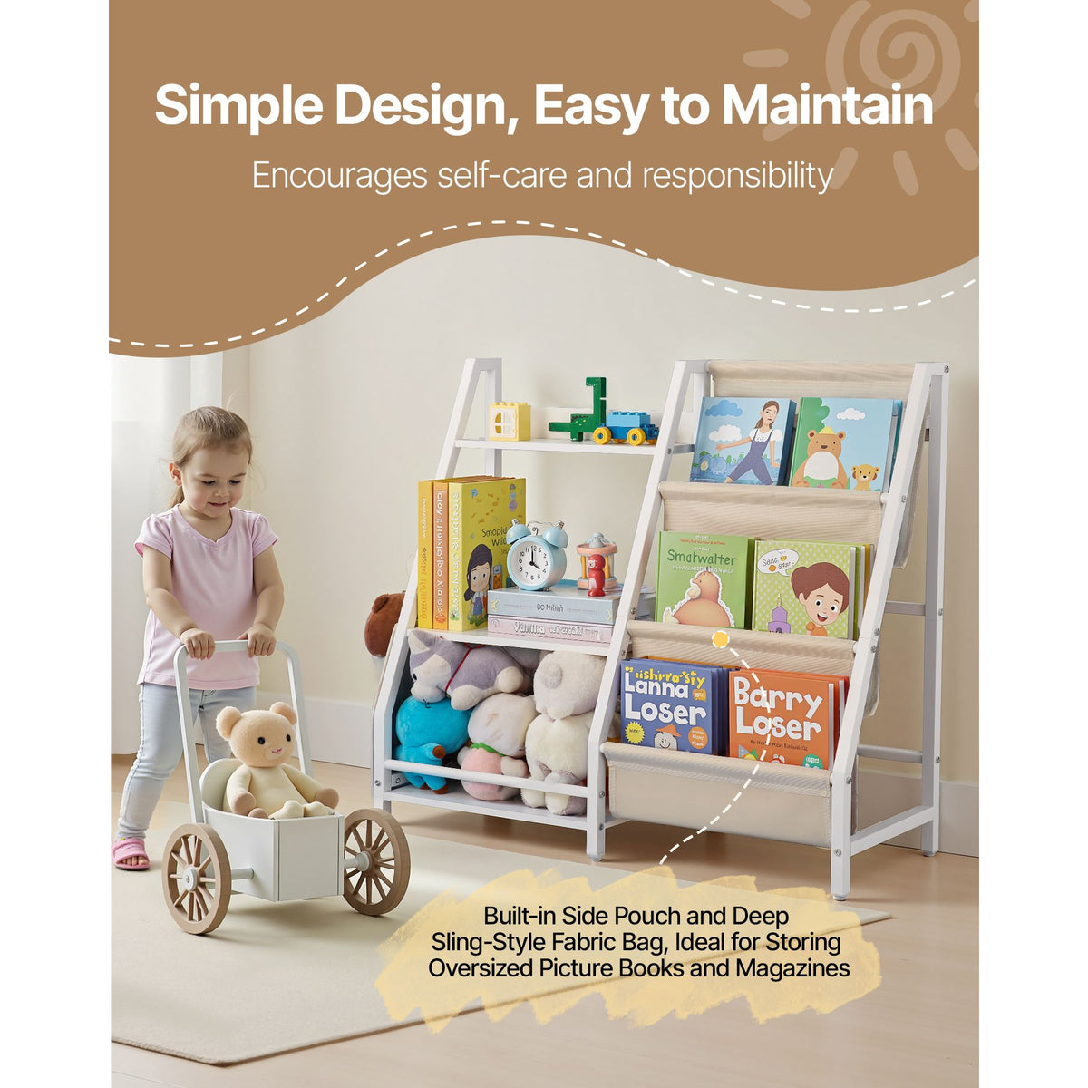 3-Tier Kids Bookshelf, Toy Storage Organizer for Toddler, Book Shelf for Kids Rooms with Sling Book Rack and Storage Bag, Kids Storage Book Shelves for Kids Room, Playroom, Kindergarten, Nursery