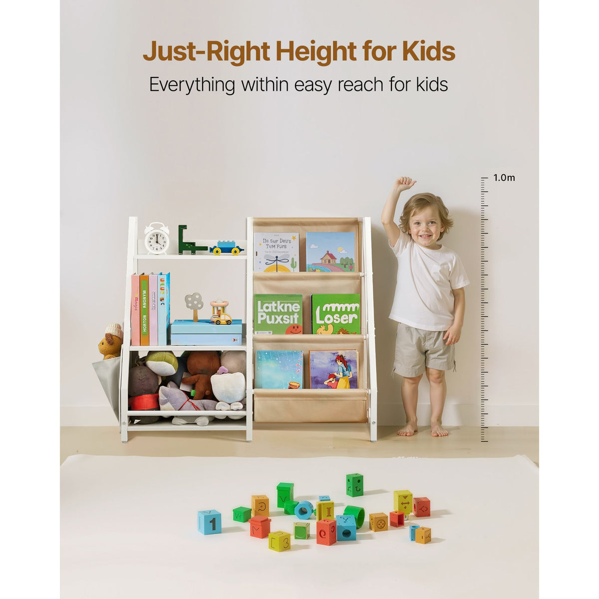 3-Tier Kids Bookshelf, Toy Storage Organizer for Toddler, Book Shelf for Kids Rooms with Sling Book Rack and Storage Bag, Kids Storage Book Shelves for Kids Room, Playroom, Kindergarten, Nursery