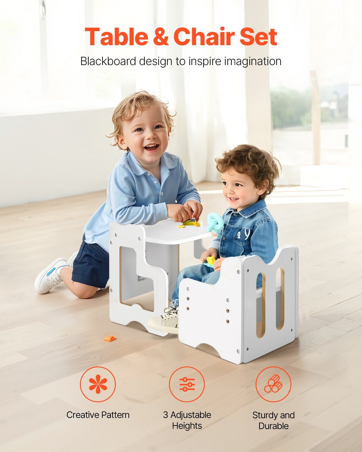Montessori Weaning Table and Chair Set, 3 In 1 Wooden Toddler Table and Chairs with Chalkboard, Adjustable Height Montessori Table for Ages 1-5, Ideal for Drawing, Reading, Eating - White