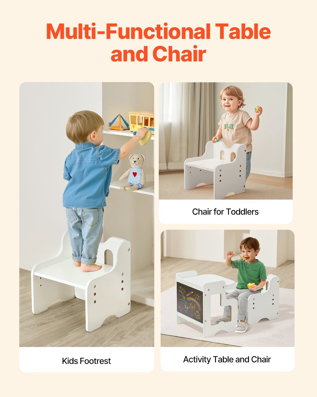 Montessori Weaning Table and Chair Set, 3 In 1 Wooden Toddler Table and Chairs with Chalkboard, Adjustable Height Montessori Table for Ages 1-5, Ideal for Drawing, Reading, Eating - White
