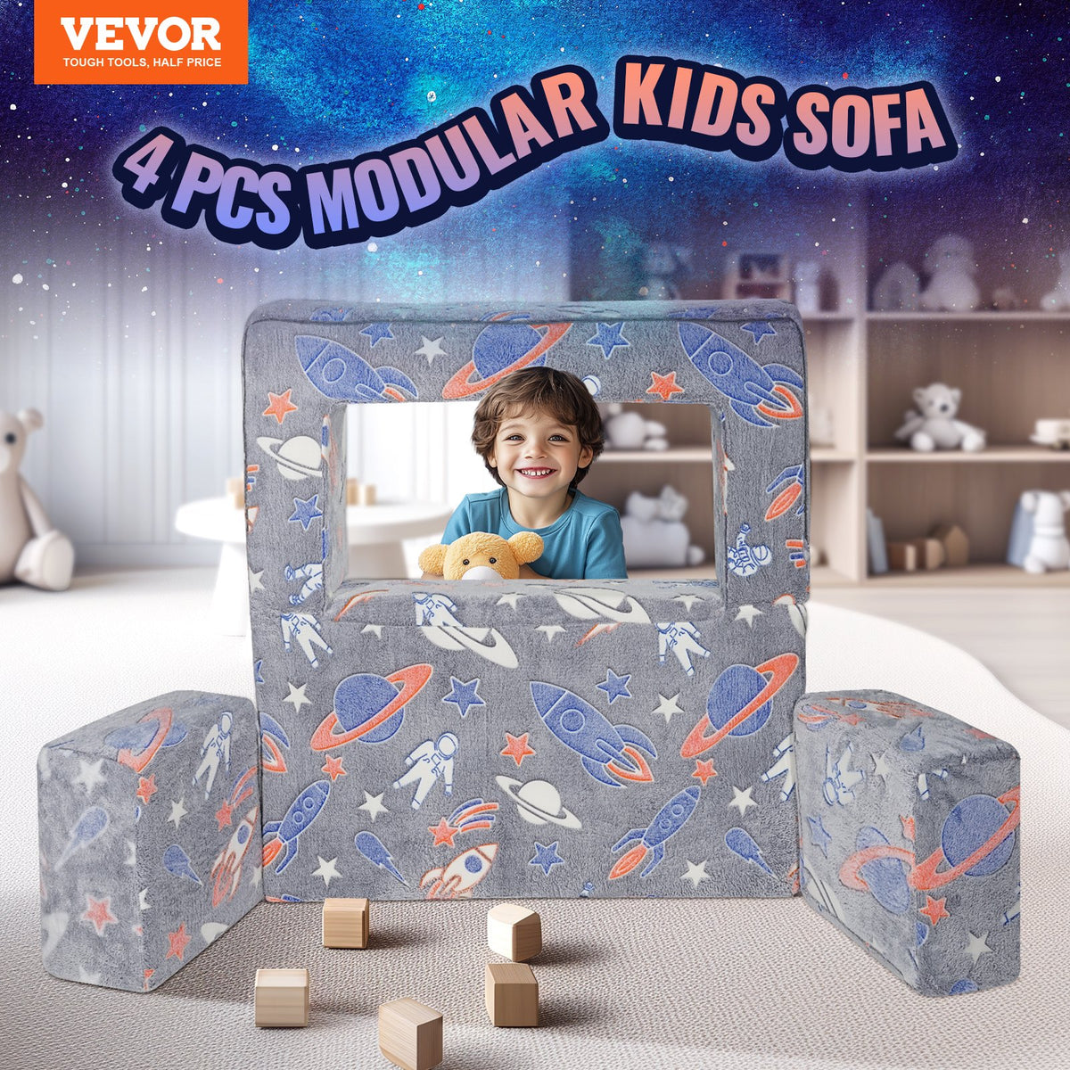 Modular Kids Play Couch 4Pcs DIY Glow in the Dark Toddler Chair Grey