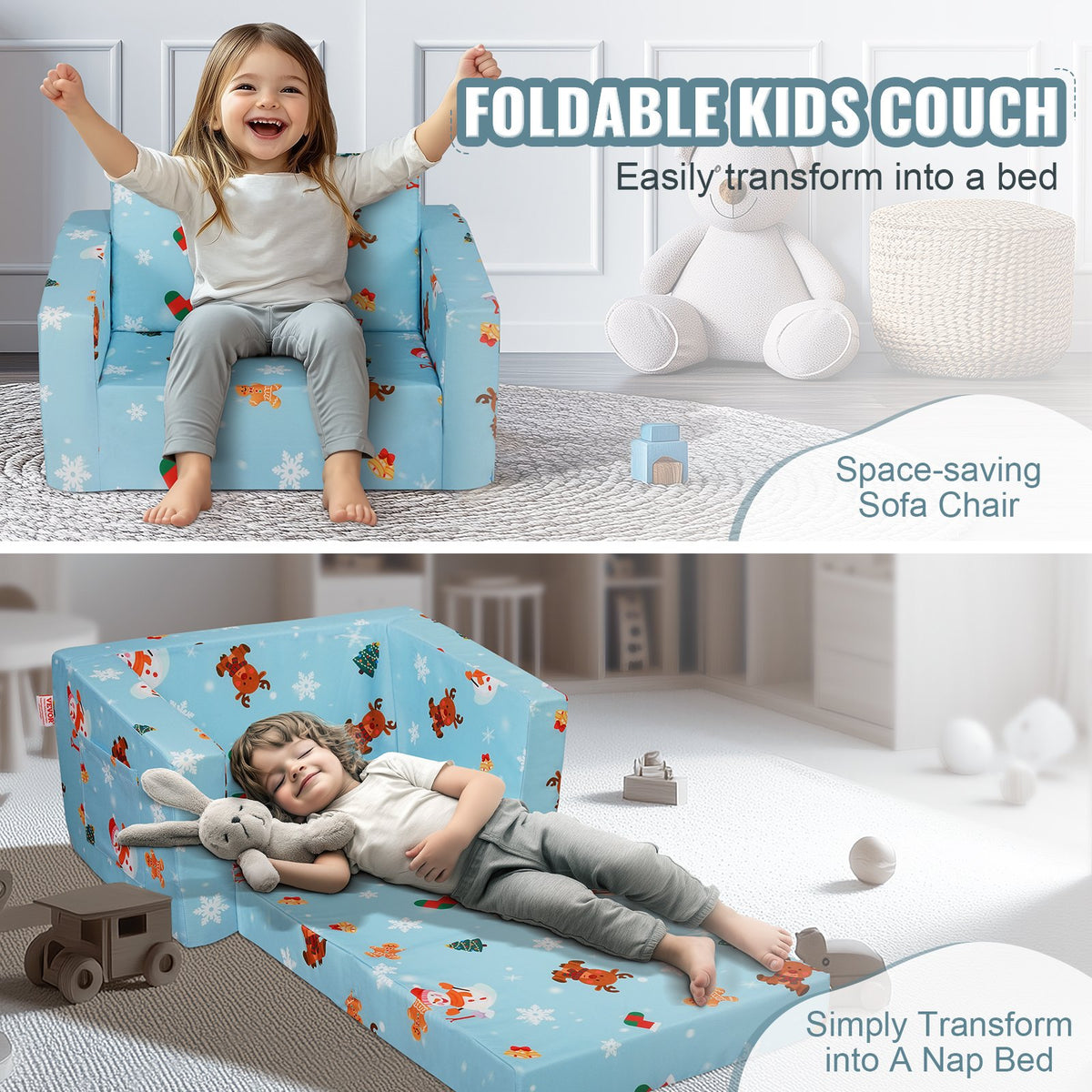 Baby Chair Foldable 2-in-1 Baby Lounger Couch Cartoon Kids Sofa Pink