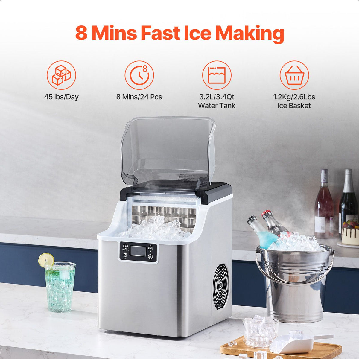 Portable Countertop Ice Maker 45Lbs/24H Self-Cleaning with Scoop Basket