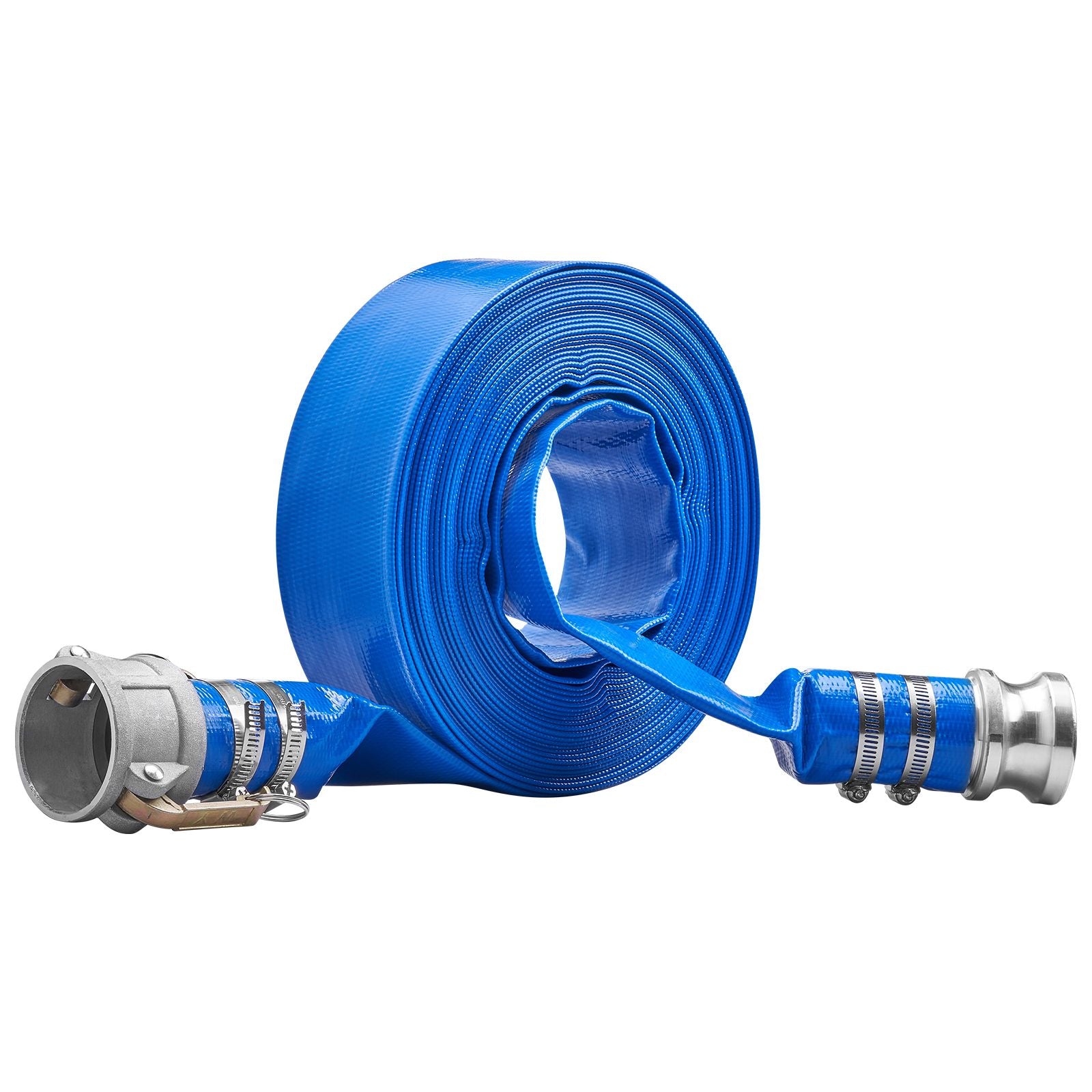 Backwash Hose, 2 in x 50 ft, Heavy-Duty PVC Flat Pool Discharge Hose with Aluminum Camlock C & E Fittings, Clamps, Compatible with Pumps, Sand Filters, for Swimming Pools Waste Water Drain, Blue