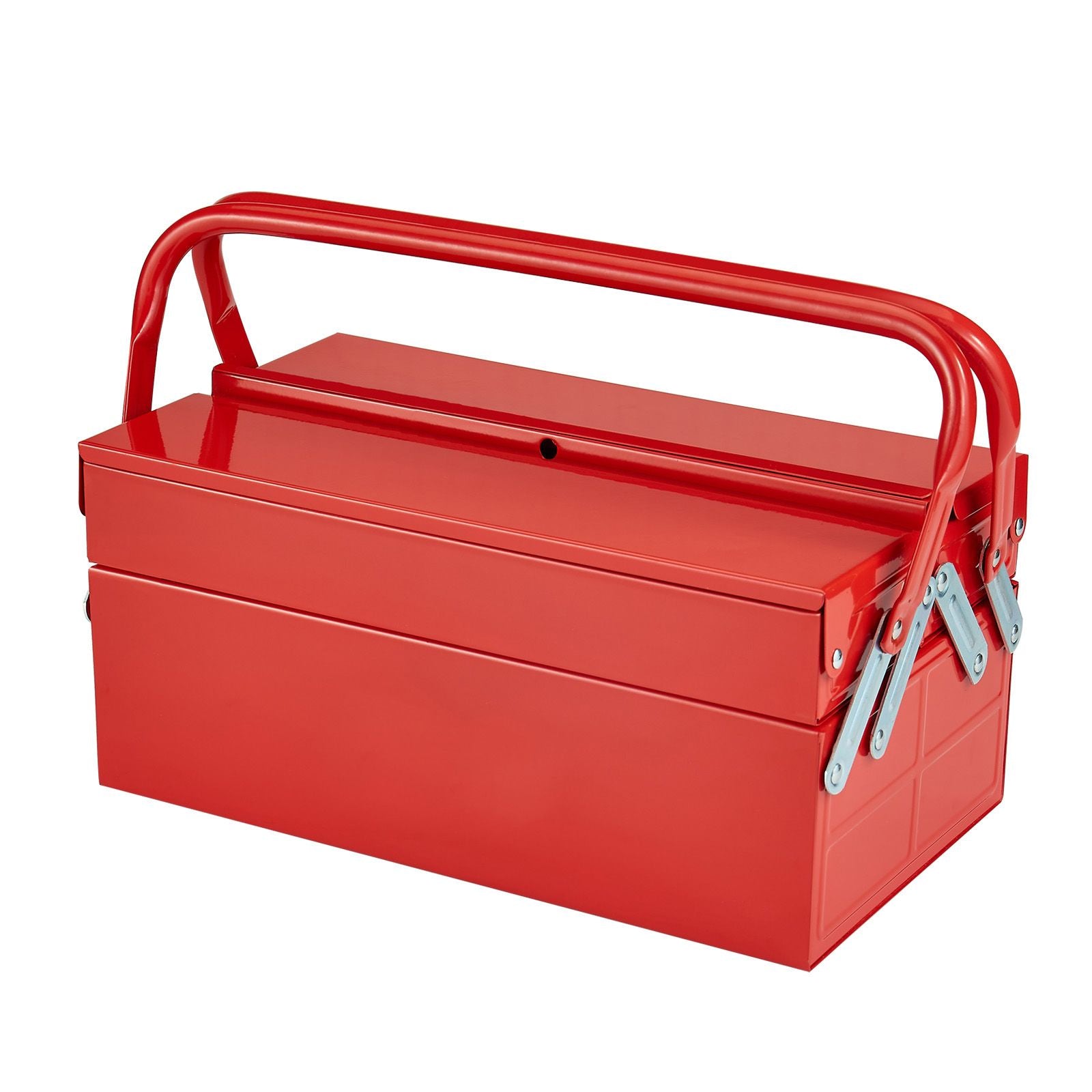 Metal Tool Box, 14-inch, 2-Tier 3-Tray Portable Folding Tool Chest Organizer with Handle & Lock Hole, Powder Coated Steel, Cantilever Toolbox for Household Factory Warehouse Repair Shop, Red