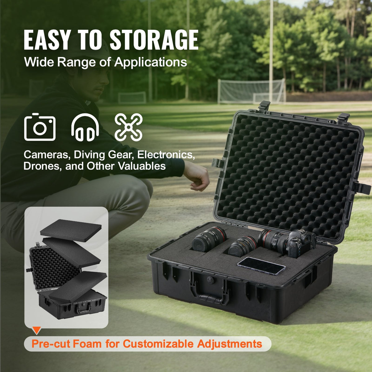 Weatherproof Hard Case, Heavy Duty Protective Dry Box Case with Pre-cut Foam, and Retractable Pull Handles for Travel, Hunting, Military, Tactical, IP67 Waterproof Case for Cameras (56.1x37x26)