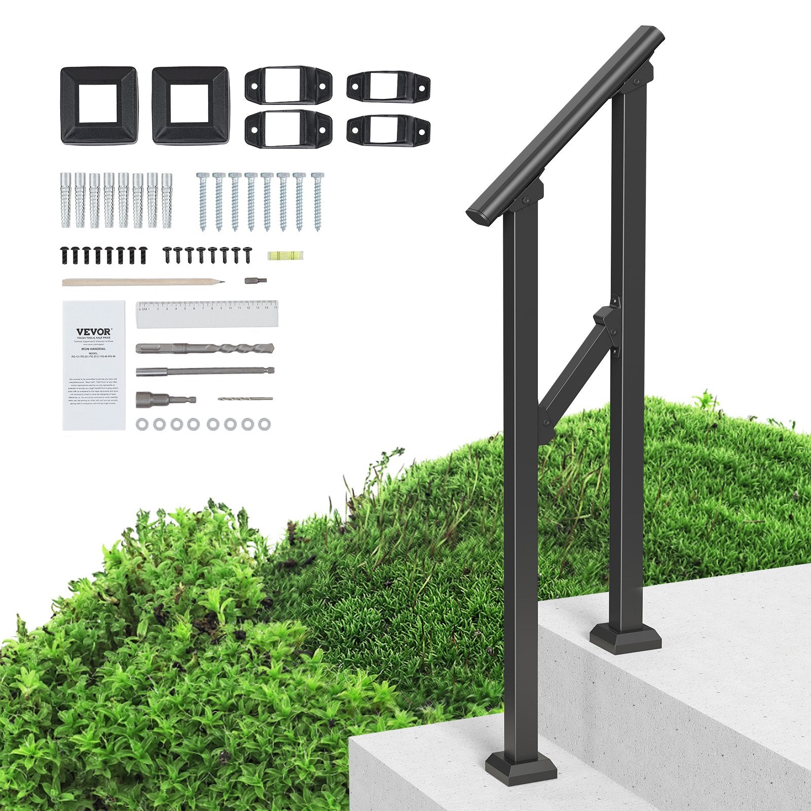 Handrails for Outdoor Steps, 1-2 Step Stair Hand Rail Kit, Transitional Carbon Steel Railings with Installation Kit, Stair Rails for Seniors, Concrete Steps & Porch & Deck, Black Square Tube