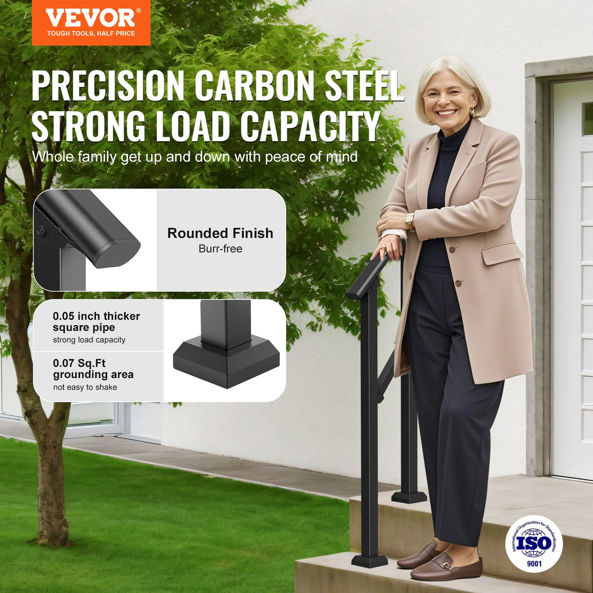 Handrails for Outdoor Steps, 1-2 Step Stair Hand Rail Kit, Transitional Carbon Steel Railings with Installation Kit, Stair Rails for Seniors, Concrete Steps & Porch & Deck, Black Square Tube