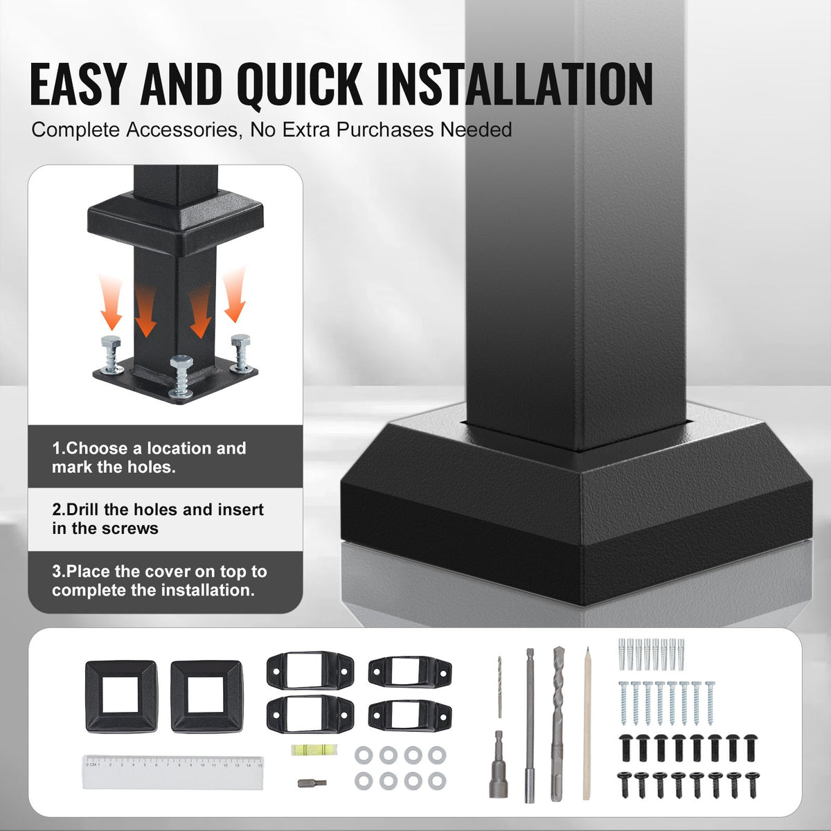 Handrails for Outdoor Steps, 1-2 Step Stair Hand Rail Kit, Transitional Carbon Steel Railings with Installation Kit, Stair Rails for Seniors, Concrete Steps & Porch & Deck, Black Square Tube
