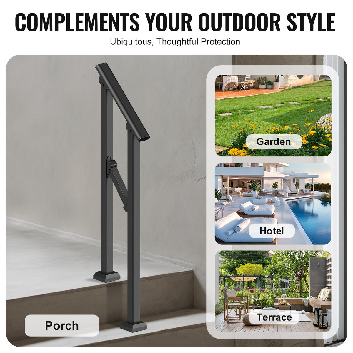 Handrails for Outdoor Steps, 1-2 Step Stair Hand Rail Kit, Transitional Carbon Steel Railings with Installation Kit, Stair Rails for Seniors, Concrete Steps & Porch & Deck, Black Square Tube