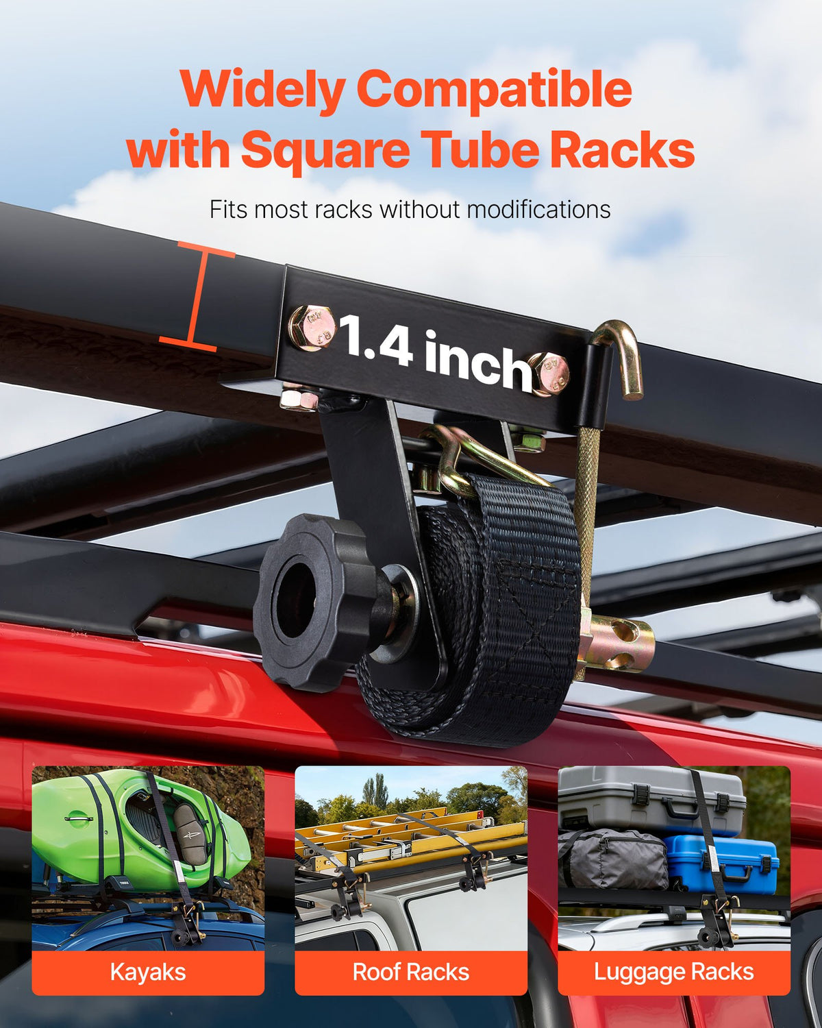 Ladder Rack Ratchet Straps, Black Square Tube Mount, 38 mm Wide x 2.25 m Long Black Ladder Rack Straps with Double J-Hooks, 226.8 kg Load Heavy Duty, Cargo Buckle Lock Strap (4 Pack)