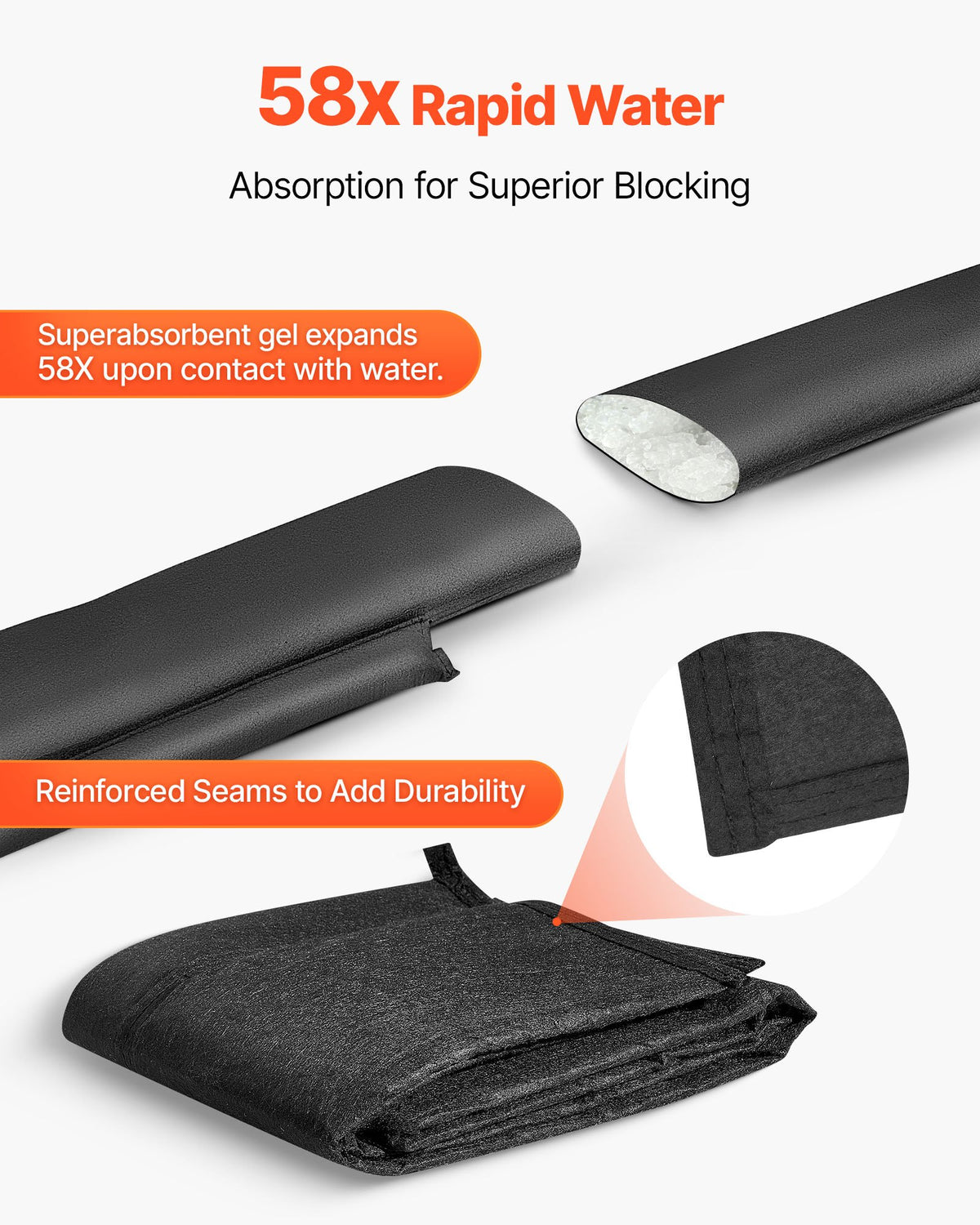 Flood Barrier, 10 Pack, 1530 x 210 mm Flood Bags with Bucket, Reusable Water Absorbent Barrier Activated by Water, Sandless Sandbags Blockage, Flooding Prevention Bags for Basement, Garage, Doorway