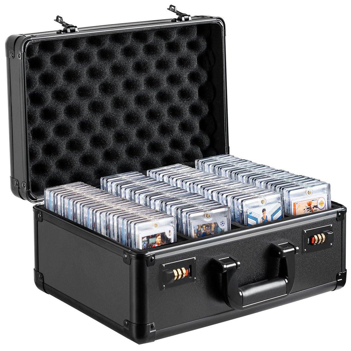 Graded Card Storage Box, 4 Slots, Graded Sports Cards Holder Carrying Case with Coded Lock Foam Dividers, for 108 PSA Graded Cards 76 BGS Cards 84 SGC Cards 388 Top Loaders or 999+ Loose Cards