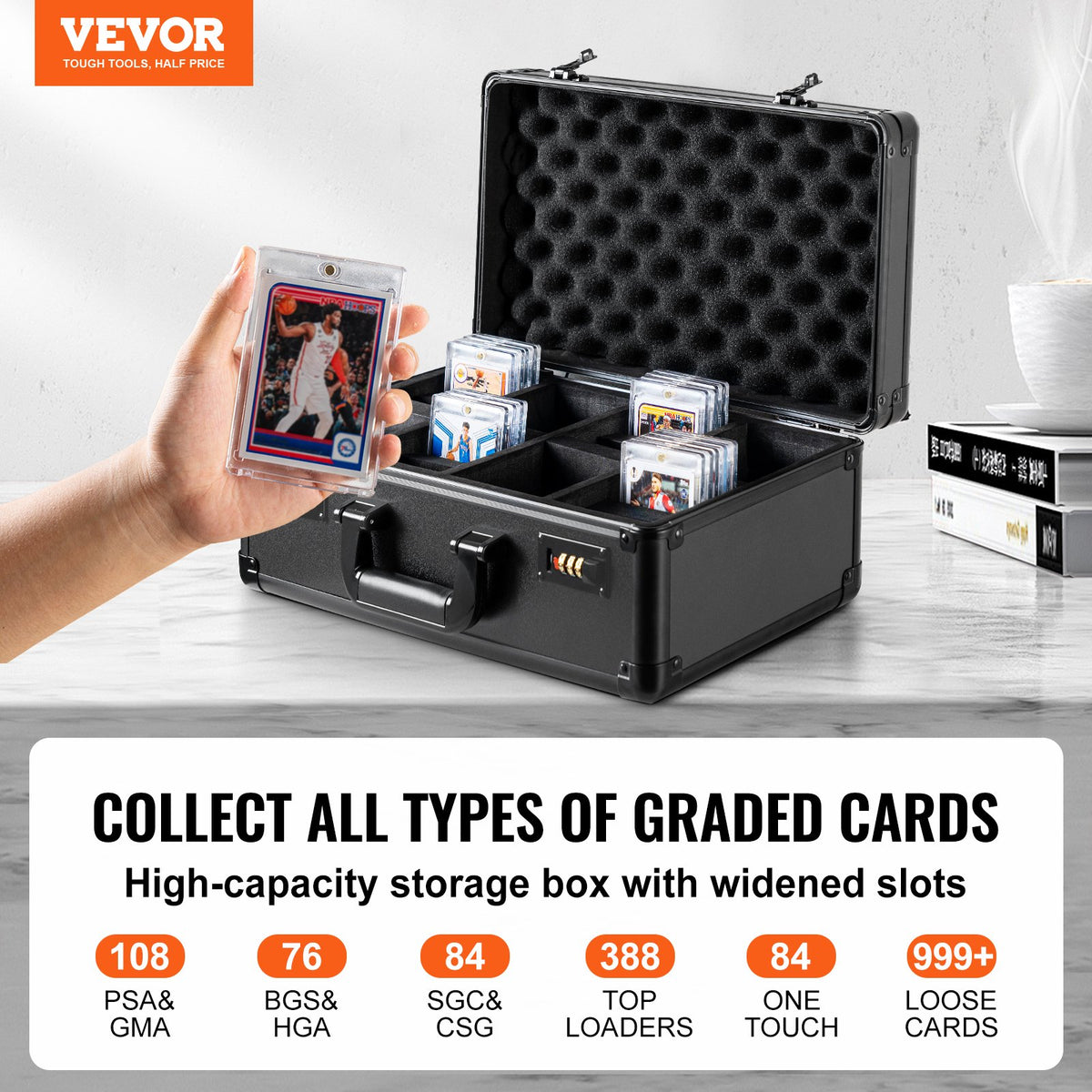 Graded Card Storage Box, 4 Slots, Graded Sports Cards Holder Carrying Case with Coded Lock Foam Dividers, for 108 PSA Graded Cards 76 BGS Cards 84 SGC Cards 388 Top Loaders or 999+ Loose Cards