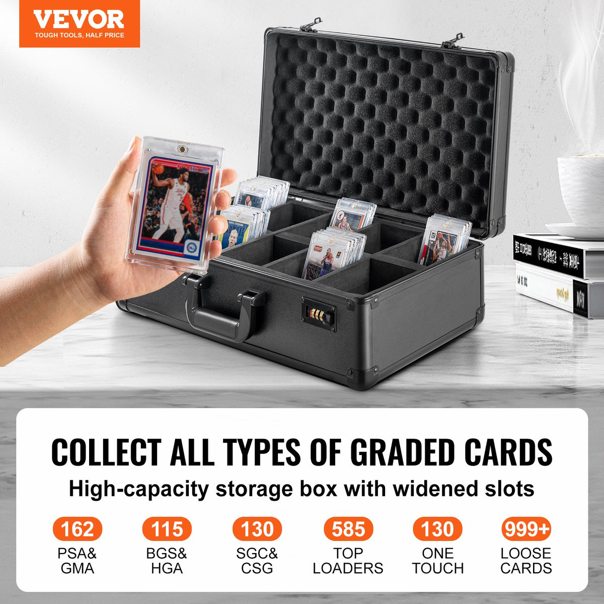 Graded Card Storage Box, 5 Slots, Graded Sports Cards Holder Carrying Case with Coded Lock Foam Dividers, for 162 PSA Graded Cards 115 BGS Cards 130 SGC Cards 585 Top Loaders or 999+ Loose Cards