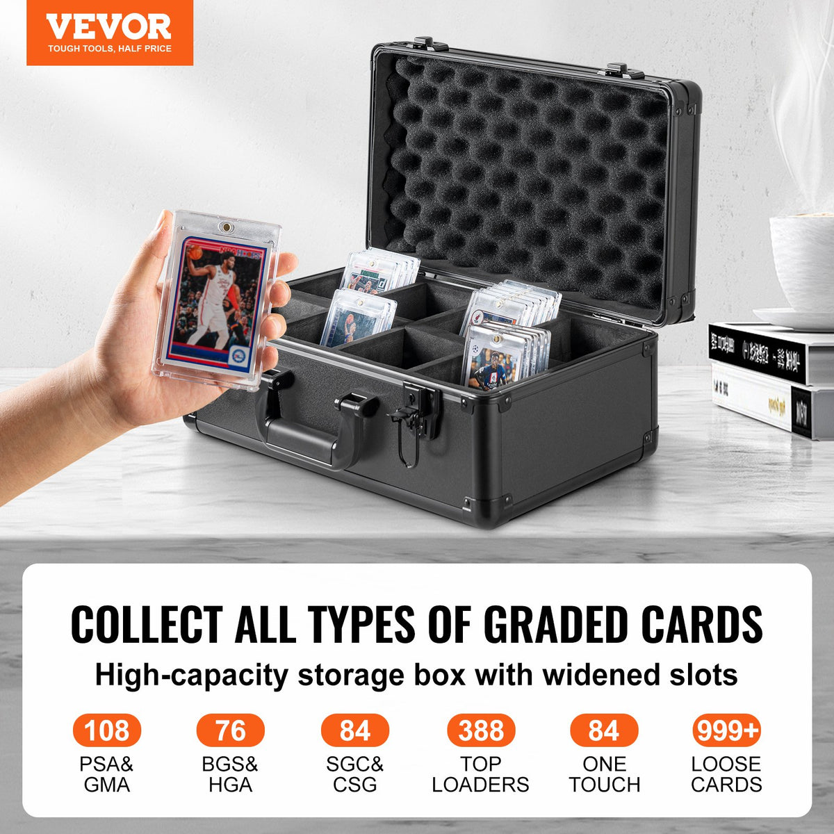 Graded Card Storage Box, 4 Slots, Graded Sports Cards Holder Carrying Case with Key Lock Foam Dividers, for 108 PSA Graded Cards 76 BGS Cards 84 SGC Cards 388 Top Loaders or 999+ Loose Cards
