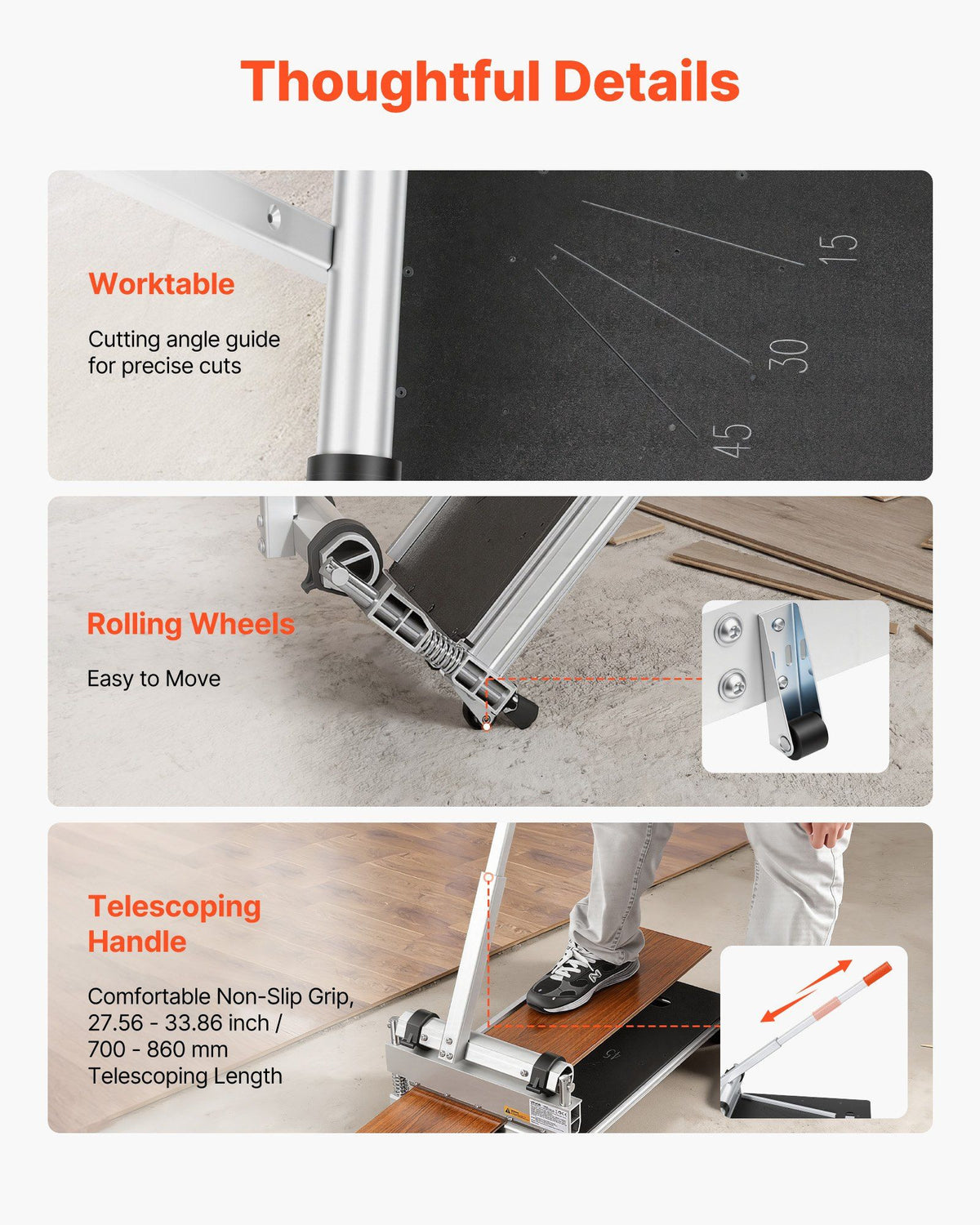 330mm Vinyl Floor Cutter, 12mm Thick Laminate Flooring Cutter with 15°/30°/45° Adjustable Angle Settings, Flexible Wheels, Telescoping Handle, Cuts Certain Engineered Wood, LVT,VCT,SPC,LVP,WPC
