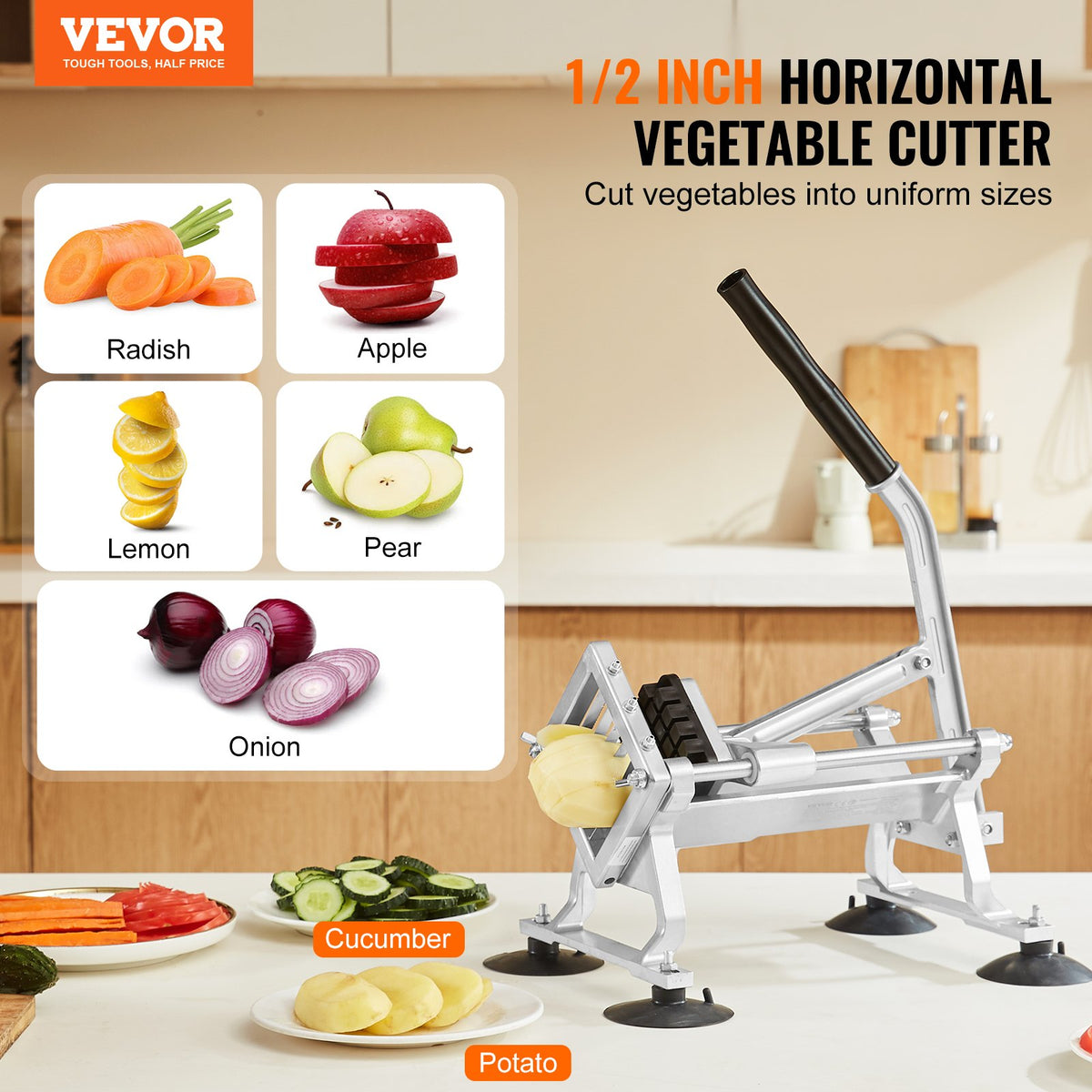 Commercial Vegetable Slicer, 1/2 inch Fruit Slicer, Stainless Steel and Aluminum Alloy Vegetable Cutter Slicer Machine, Manual Slicer with Non-slip Feet, for Radishes, Onions, Potatoes, Lemons
