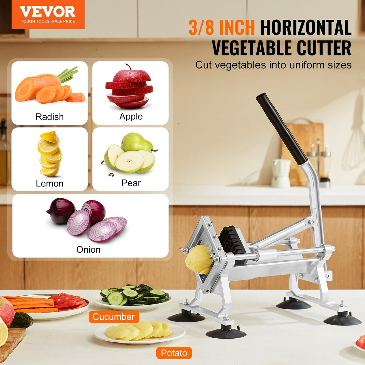 Commercial Vegetable Slicer, 3/8 inch Fruit Slicer, Stainless Steel and Aluminum Alloy Vegetable Cutter Slicer Machine, Manual Slicer with Non-slip Feet, for Radishes, Onions, Potatoes, Lemons