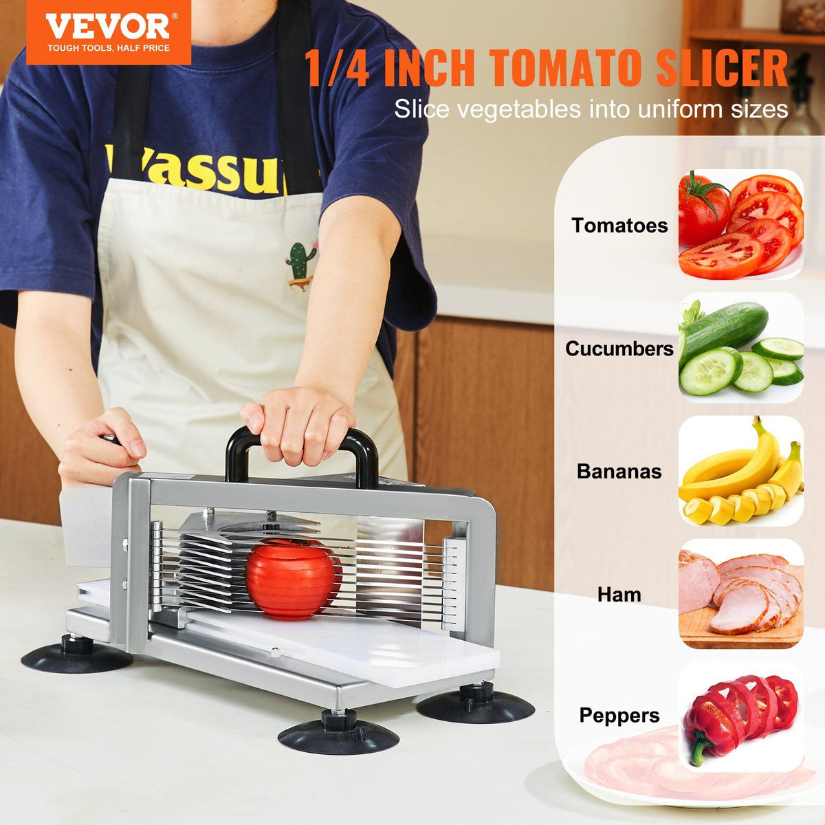 Commercial Tomato Slicer, 1/4 inch Tomato Cutter Slicer, Stainless Steel Heavy Duty Tomato Slicer Machine, Manual Tomato Slicer with Non-slip Feet, for Cutting Tomatoes, Cucumbers, Bananas