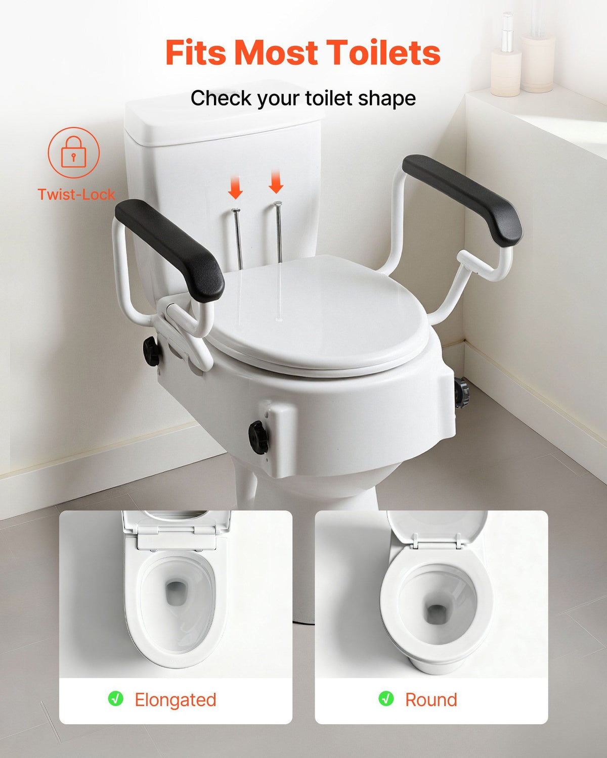 Raised Toilet Seat with Arms, 136.1 kg Load Capacity, 3-Level Adjustable Height, Widened Commode Elevated Toilet Seat Riser with Padded Handles for Seniors, Elderly, Handicap, Disabled, Adults