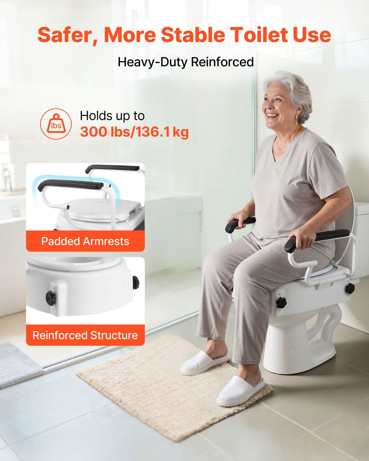 Raised Toilet Seat with Arms, 136.1 kg Load Capacity, 3-Level Adjustable Height, Widened Commode Elevated Toilet Seat Riser with Padded Handles for Seniors, Elderly, Handicap, Disabled, Adults