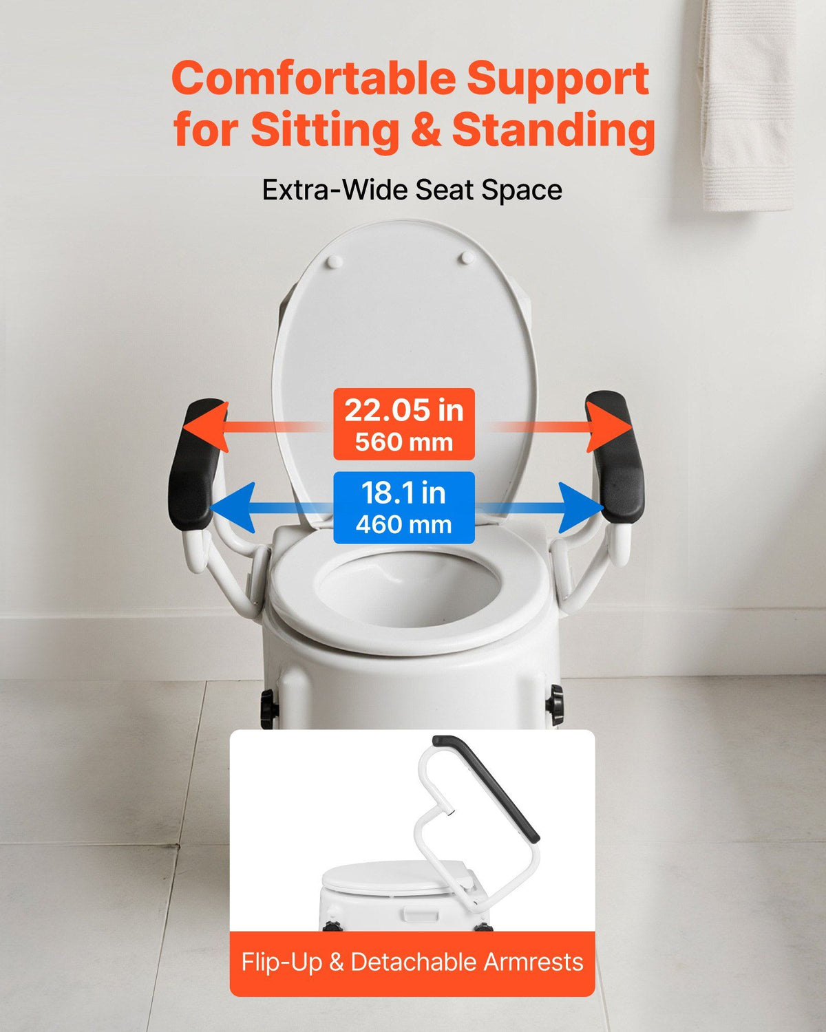 Raised Toilet Seat with Arms, 136.1 kg Load Capacity, 3-Level Adjustable Height, Widened Commode Elevated Toilet Seat Riser with Padded Handles for Seniors, Elderly, Handicap, Disabled, Adults
