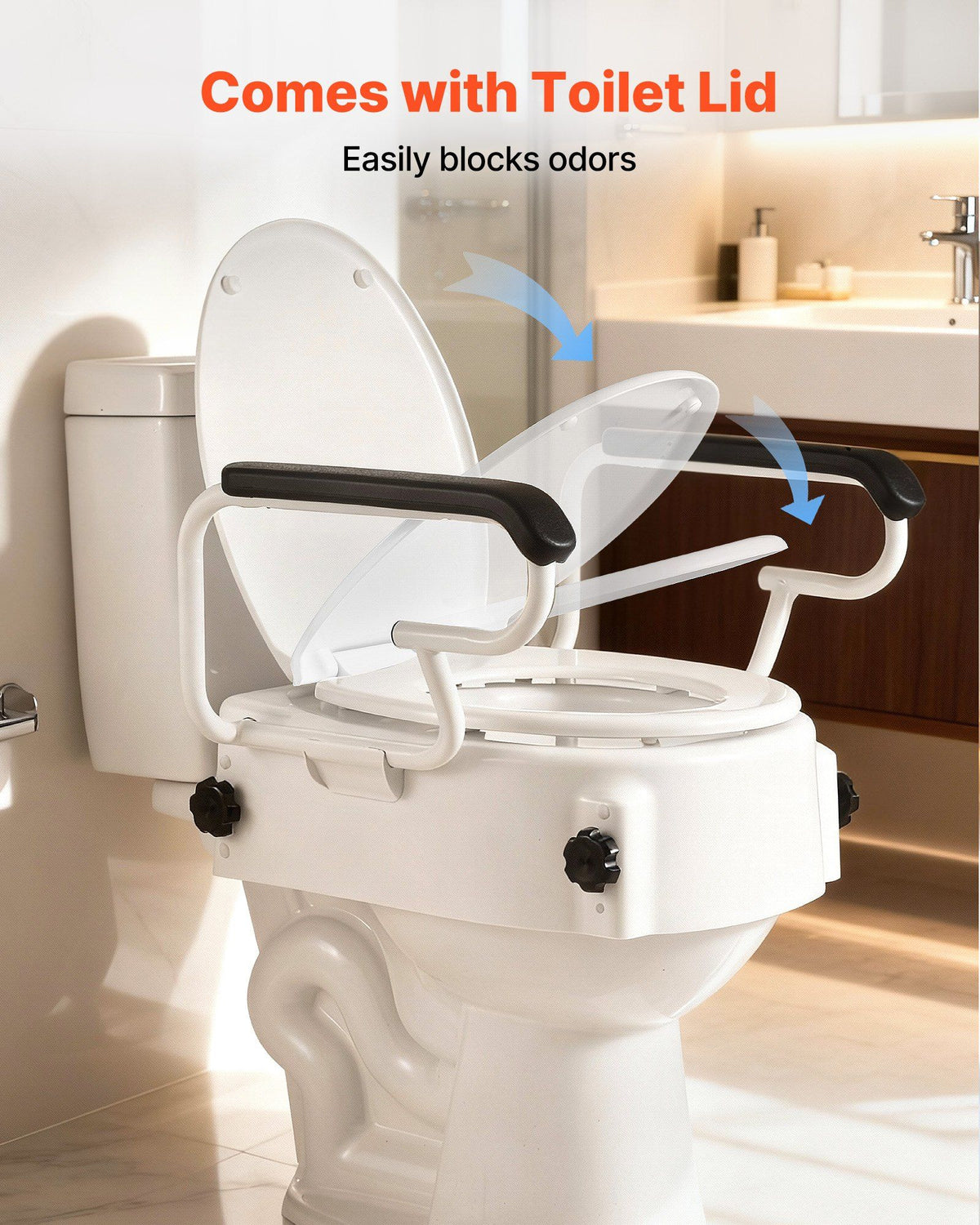Raised Toilet Seat with Arms, 136.1 kg Load Capacity, 3-Level Adjustable Height, Widened Commode Elevated Toilet Seat Riser with Padded Handles for Seniors, Elderly, Handicap, Disabled, Adults