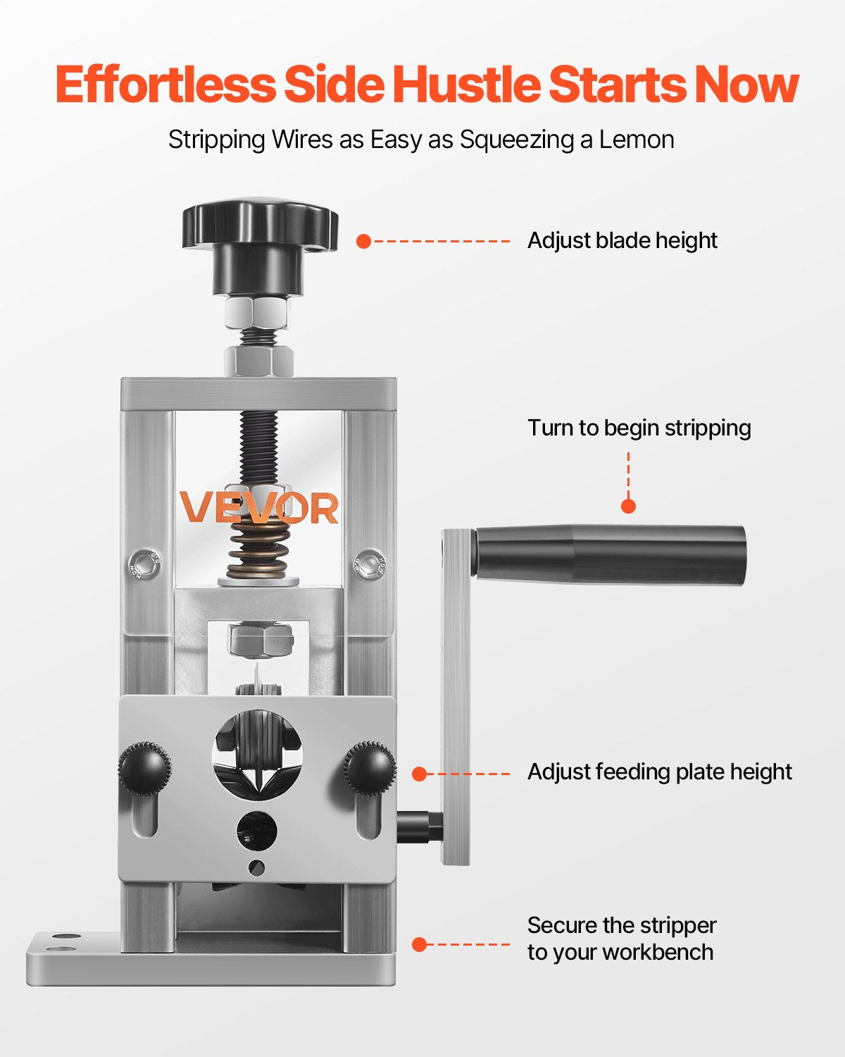 Manual Wire Stripping Machine, 1.5-25 mm, Copper Stripper with Hand Crank or Drill Powered, 64Mn Quenched Blades, 45# Steel Rollers, Aluminum Alloy Frame Wire Peeler, for Scrap Copper Recycling