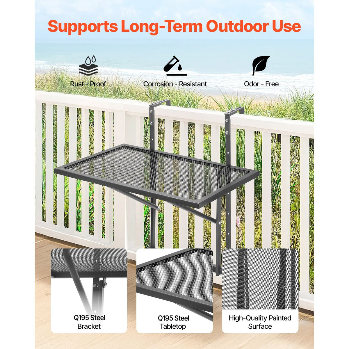 Balcony Hanging Table, 610 x 410 mm Metal Folding Balcony Railing Table, Outdoor Balcony Bar Table for Railings, 5-Level Adjustable, Fit Railing from 1" to 4.7", Serving Table for Patio & Deck