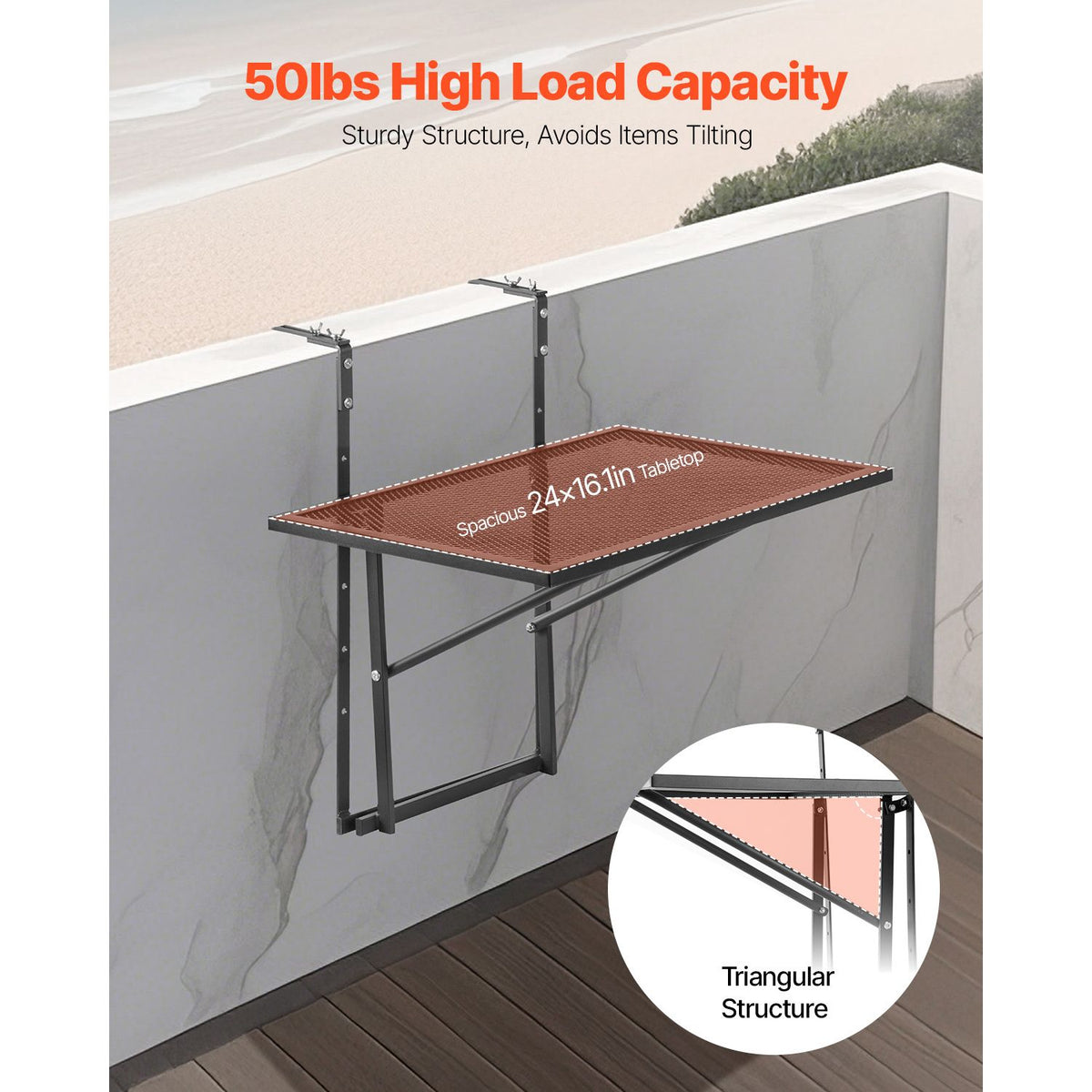 Balcony Hanging Table, 610 x 410 mm Metal Folding Balcony Railing Table, Outdoor Balcony Bar Table for Railings, 5-Level Adjustable, Fit Railing from 1" to 4.7", Serving Table for Patio & Deck