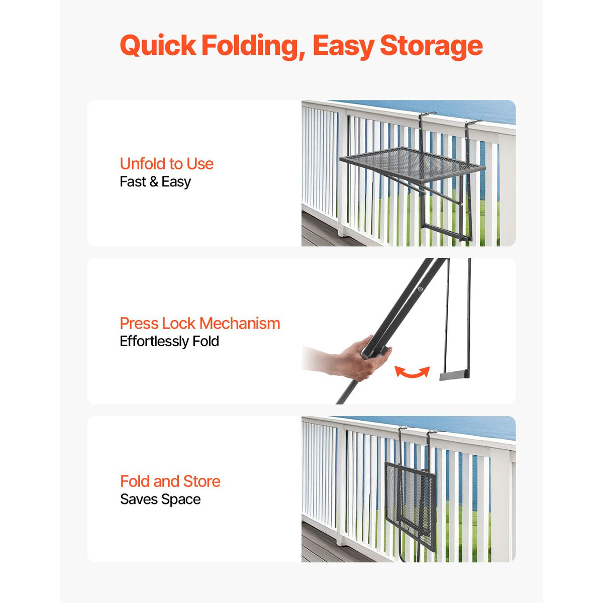 Balcony Hanging Table, 610 x 410 mm Metal Folding Balcony Railing Table, Outdoor Balcony Bar Table for Railings, 5-Level Adjustable, Fit Railing from 1" to 4.7", Serving Table for Patio & Deck