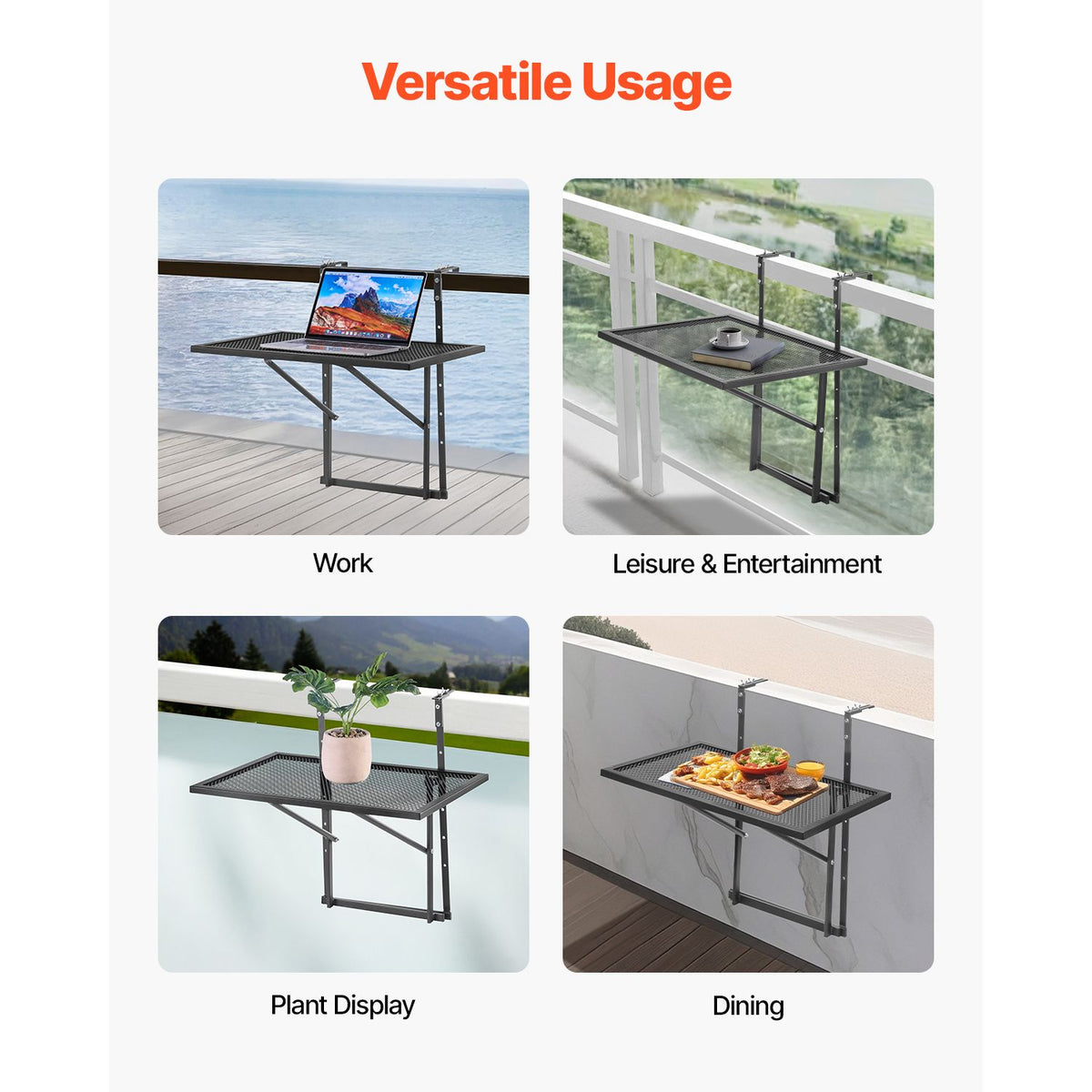 Balcony Hanging Table, 610 x 410 mm Metal Folding Balcony Railing Table, Outdoor Balcony Bar Table for Railings, 5-Level Adjustable, Fit Railing from 1" to 4.7", Serving Table for Patio & Deck