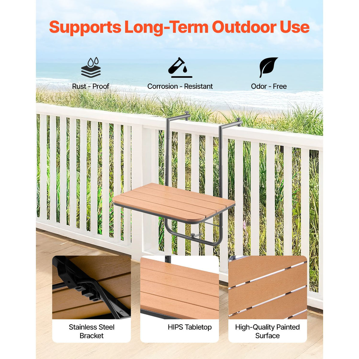 Balcony Hanging Table, 595 x 400 mm Folding Balcony Railing Table, Outdoor Balcony Bar Table for Railings, 4-Level Adjustable, Fit Railing from 1" to 8.27", Serving Table for Patio & Deck