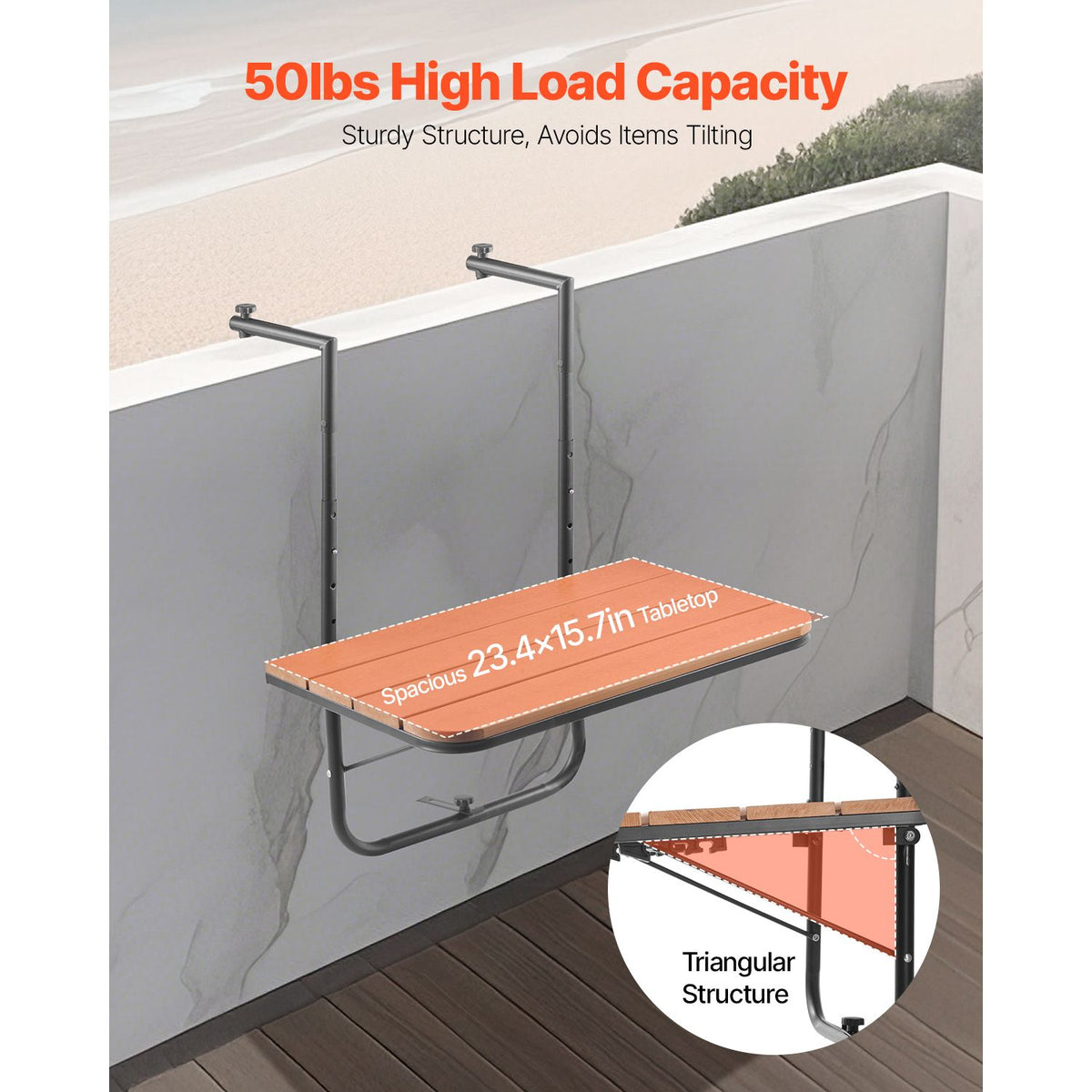 Balcony Hanging Table, 595 x 400 mm Folding Balcony Railing Table, Outdoor Balcony Bar Table for Railings, 4-Level Adjustable, Fit Railing from 1" to 8.27", Serving Table for Patio & Deck