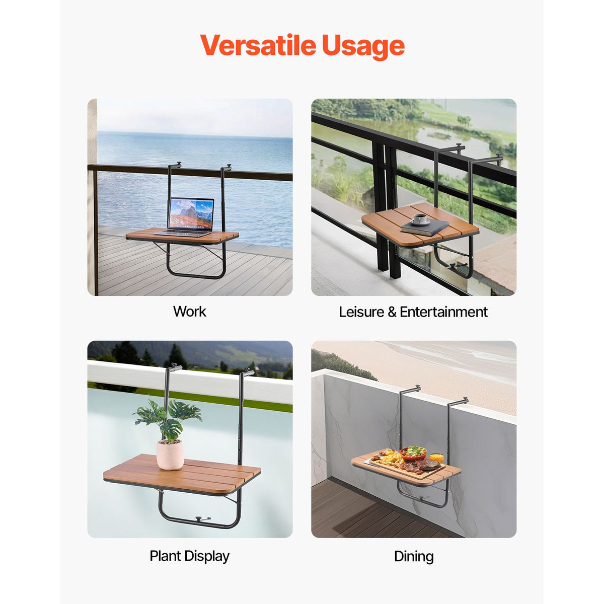 Balcony Hanging Table, 595 x 400 mm Folding Balcony Railing Table, Outdoor Balcony Bar Table for Railings, 4-Level Adjustable, Fit Railing from 1" to 8.27", Serving Table for Patio & Deck