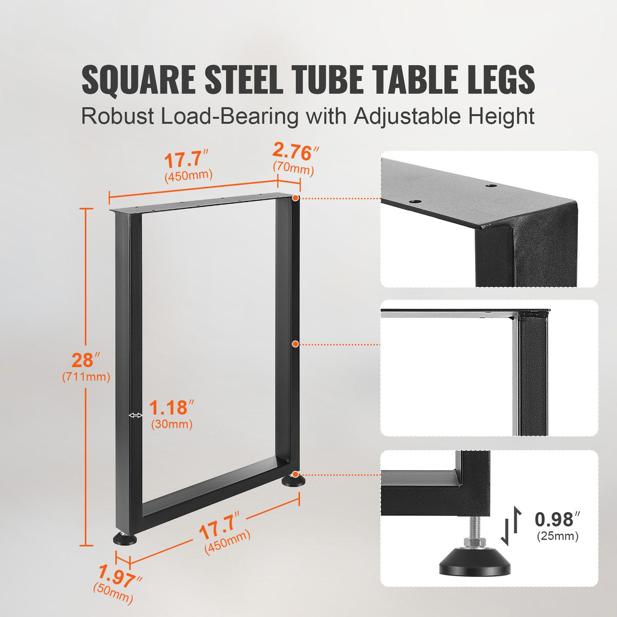 711.2MM Adjustable Furniture Legs, Square Reinforced Steel Office Table legs Set of 2 for DIY, Max Load 453.6KG Heavy Duty Desk Legs, Quick Instalation & Rich Accessories Legs Black